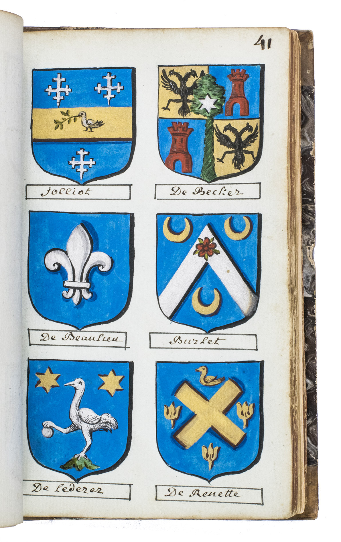 RUE, Louis Flix de la. - Etat armorial de noblesse, chevalerie, & dignits accords par S.M.I.R.A. depuis son avenement au Thrne jusqu' aujourd'hui ddi a monsieur de Wavrans ...Brussels, 1775. With: [Collection of hand-painted coats of arms of European noble families in the Southern Netherlands].8vo. With an engraved title page and 16 engraved plates containing a total of 342 coats of arms (6 blank; mostly 20 or 24 to a page), together with a collection of 415 hand-drawn and painted coats of arms (6 to a page), vividly coloured and highlighted with gold and silver paint, with the names of the noble families captioned below in a neat 18th-century hand in brown ink. Later half calf, marbled paper sides, title in gold on spine, marbled endpapers, red edges.