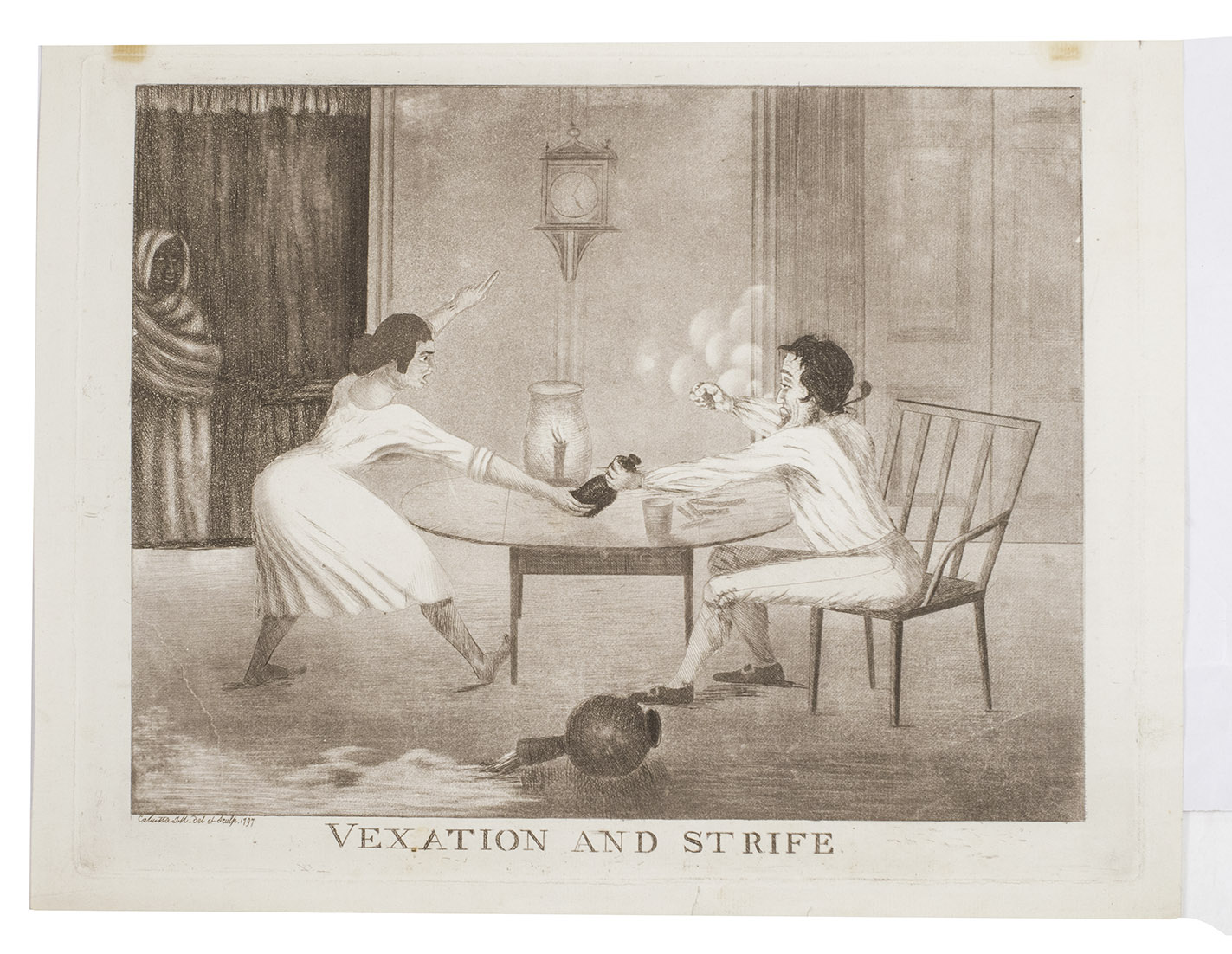 MOFFAT, James. - Vexation and strife.Kolkata (Calcutta), 1797. Oblong folio. Aquatint etching on paper (leaf: ca. 29 x 38 cm.; plate: 27 x 35 cm; illustration: 24.5 x 31.5 cm). Aquatint etching showing domestic scene of a couple fighting at a table, with a dark figure watching on in the background. Signed 