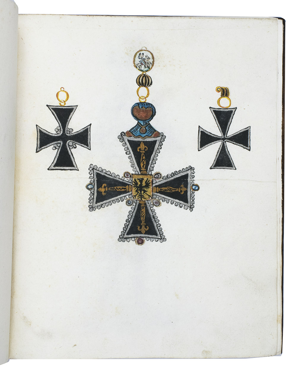 [MANUSCRIPT - GERMAN & LATIN - HERALDRY - LITURGY]. MAYER, Lieven. - (Drop-title on f. 5r:) Der hochen Deutschen Ritterordens Buech ...[Germany], [after 1606, perhaps before 1618]. 4to. Manuscript in German and Latin on paper, written in a 17th-century hand. With 3 heraldic crosses showing the coats of arms of the Teutonic Order (a black Maltese cross) and 4 drawings showing costumes of several members of the order, all executed in watercolour highlighted with eggwhite. 20th-century mottled sheepskin, sewn on 5 supports, each board with a frame of blind double fillets crossing at the corners, with blind double fillets across the spine, title stamped in green roman capitals in the 3rd of 6 compartments.