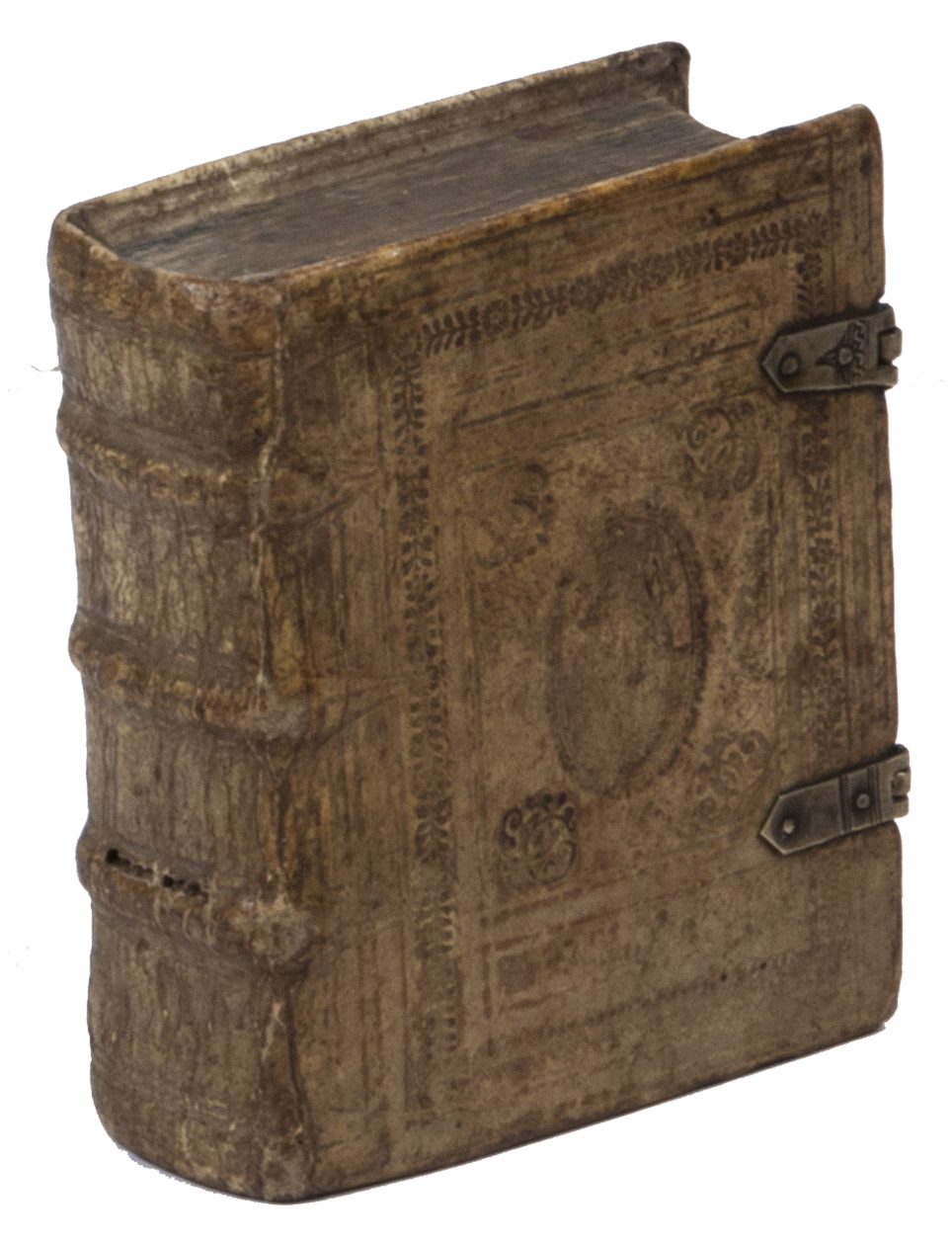 [MANUSCRIPT - PRAYERBOOK]. - [1st rubric:] Form zu betten unser liebe[n] frawen mantel, Gebet. [incipit:] Cegrest seiestu o sesse aller heiligste junckfraw maria ...[Ravensburg?], [ca. 1670]. Small 16mo in 8s (10 x 8.5 x 4 cm; leaf: 9 x 7.5 cm). German manuscript in red and black ink on paper, written in an upright, semi-cursive gothic hand, with so-called lombardic initials in red, rubricated throughout. With 11 lines per page, text block 7 x 5.5 cm. Contemporary blind-tooled pigskin over bevelled wooden (beechwood?) boards, sewn on 3 double supports,  In total more than 100 impressions of about 9 stamps. Further with 2 strap fastenings with brass clasps (each with an owners(?) stamp: 1.5 mm roman capital initials LH above a 3 mm head in profile, facing right), catchplates and anchor plates, plain headbands, blue edges. With 27 mm roman capital initials BR in brown ink on the foot edge.