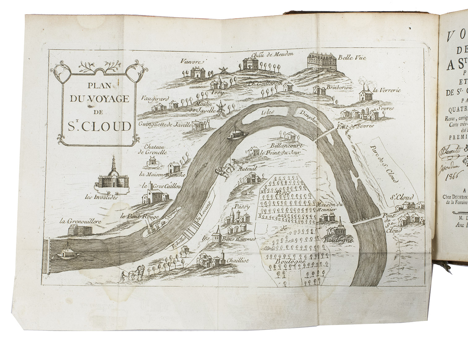 [NEL, Louis-Balthazar]. - Voyage de Paris a St. Cloud par mer, et retour de St. Cloud a Paros par terre. Quatrieme dition, revue, corrige & augmente, avec une carte trs-exacte, dont le plan a te lev sur les lieux.Paris, Duchesne, 1762. 8vo. Woodcut headpieces and endpieces, initials [1,5 x 1,5 cm], bound with fold out map [16 x 25.5 cm]. Contemporary vellum binding.