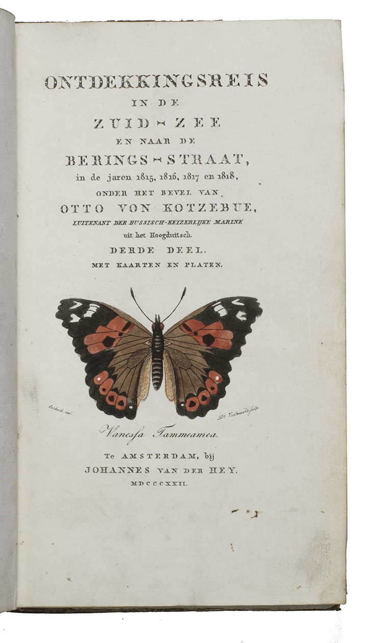 KOTZEBUE, Otto von (Pieter Gerardus WITSEN GEYSBEEK, translator). - Ontdekkingsreis in de Zuid-zee en naar de Bering-straat in de jaren 1815, 1816, 1817 en 1818, onder het bevel van Otto von Kotzebue, luitenant der Russisch-keizerlijke marine.Amsterdam, Johannes van der Hey, 1822. 3 volumes. 8vo. Volume 1 with an engraved title-page showing a view of the Kotzebue-sound engraved by D. Veelwaard after L. Choris, a hand-coloured engraved plate and an engraved folding map; volume 2 with an engraved title-page showing a view of Airick Island by Veelwaard after Choris, 3 hand-coloured engraved portraits, 2 engraved folding plates and 4 engraved folding maps, including one large map showing the route of the entire voyage; volume 3 with an engraved title-page showing a hand-coloured