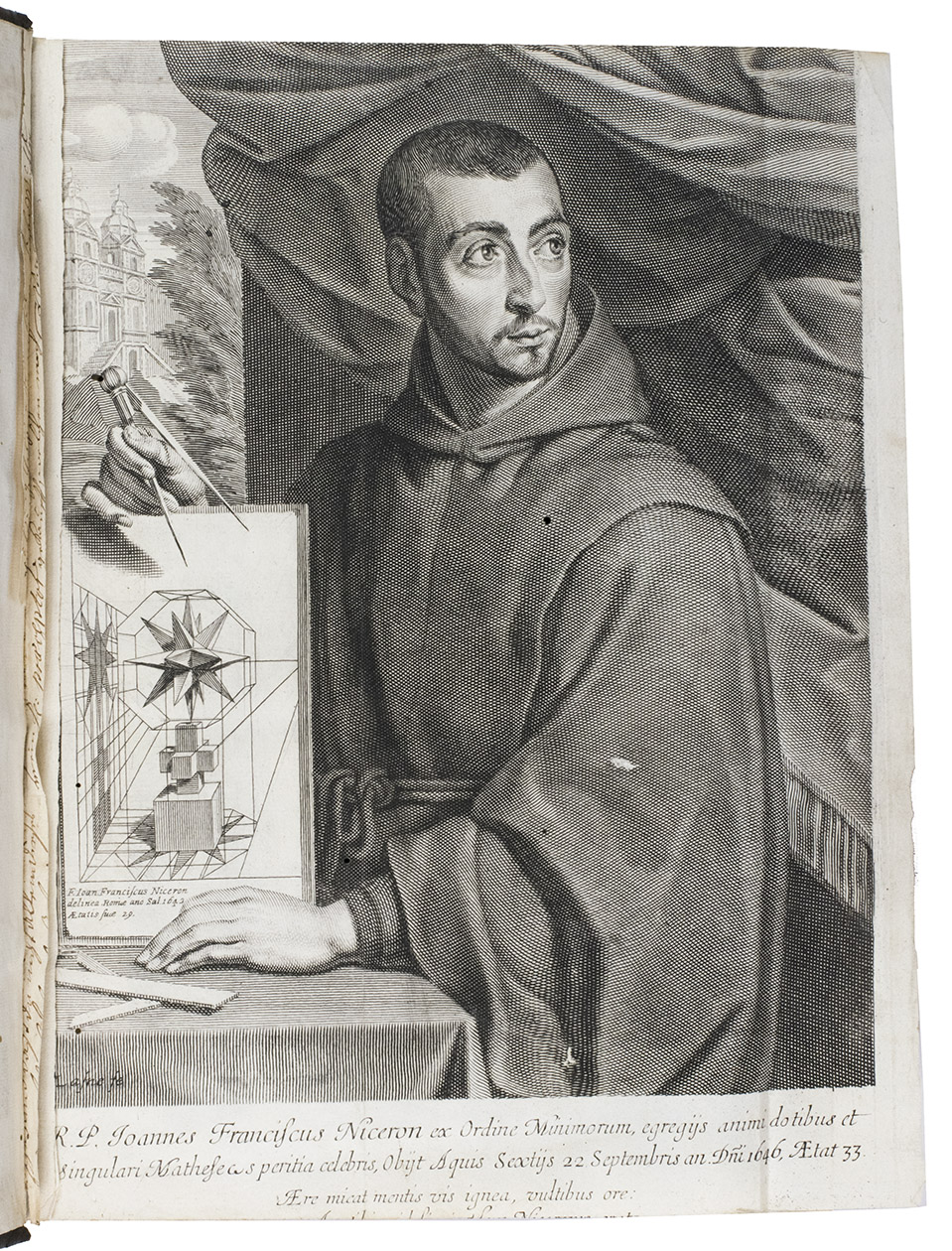NICERON, Jean-François. - La perspective curieuse du reverend P. Niceron. Minime divisee en quatre livres. L’optique et la catoptrique du R. P. Mersenne du meseme ordre, mise en lumiere aprés la mort de l’autheur. Oeuvre tres-utile aux peintres, architects, sculpteurs graveurs, & à tous autres qui se meslent du dessein.Paris, Jean du Puis, 1663.Including: MERSENNE, Marin. L'optique et la catoptrique du reverend Pere Mersenne minime. Novvellement mise en lumiere, aprés lar mort de l’autheur. Paris, the widow of F. Langlois, 1651.2 works in 1 volume. Folio. With a (partially) folded full page engraved portrait of the author as a frontispiece, an engraved title-page, a large woodcut vignette on the title-page, 50 full page engraved plates (including 1 folding), all numbered in a decorative banner in the plate.Contemporary or near contemporary (late 17th or early 18th century) brown calf.