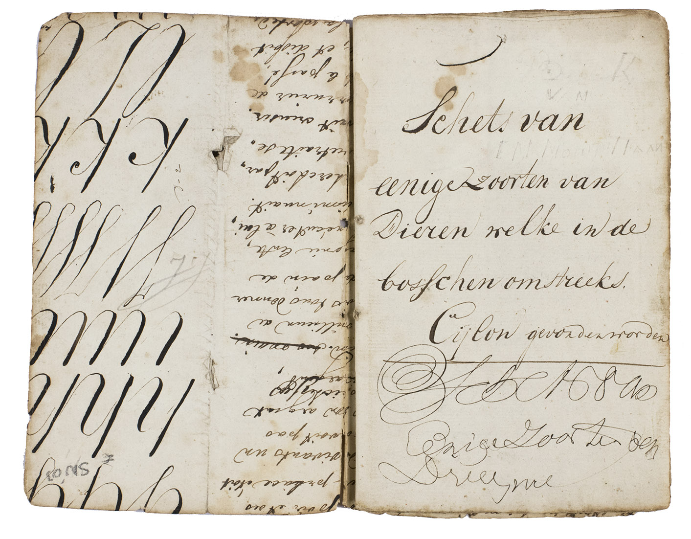 [MANUSCRIPT - CEYLON - NATURAL HISTORY]. - Schets van eenige zoorten van dieren welke in de bosschen omstreeks Cijlon gevonden worden.[Ceylon (Sri Lanka) and the Netherlands?], [18th or 19th century?]. 8vo (16.5 x 10.5 cm). Written in a late 18th-century or early 19th-century cursive in French and Dutch. With: (2) [MANUSCRIPT - FRENCH & DUTCH POEMS AND SONGS]. [Quelques Chansons]. Contemporary decorated paper wrappers.