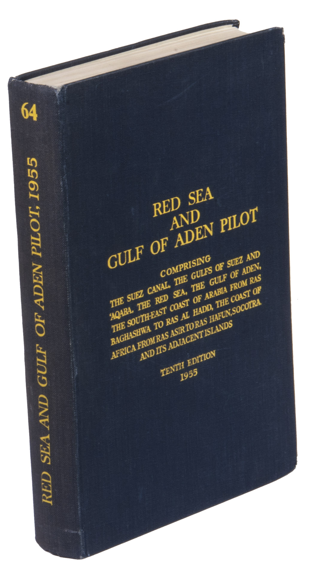 [NAVIGATION - RED SEA - PILOT GUIDE]. - Red Sea and Gulf of Aden pilot comprising the Suez canal, the Gulfs of Suez and 'aqaba, the Red Sea, the Gulf of Aden, the South-east coast of Arabia from Ras Baghashwa to Ras al Hadd, the coast of Africa from Ras Asir to Ras Hafun, Socotra and its adjacent islands. Tenth edition.London, Published for the Hydrographic Department, Admiralty, 1955. With: [NAVIGATION - RED SEA - PILOT GUIDE]. Supplement no. 1-1957 relating to the Red Sea and Gulf of Aden pilot, tenth edition, 1955, corrected to 17th July, 1957, whenever reference is made to the pilot, this supplement must be consulted.London, published for the Hydrographic Department, 1957. 8vo. With a folding map (printed on both sides), 2 coloured plates with diagrams (printed on both sides), 28 plates showing coastlines and occasionally a map (many printed on both sides), and many some illustrations in text. Original blue cloth with yellow lettering on the spine and the front board, the supplement is loosely inserted at the end of the volume: original printed paper wrappers, stapled.