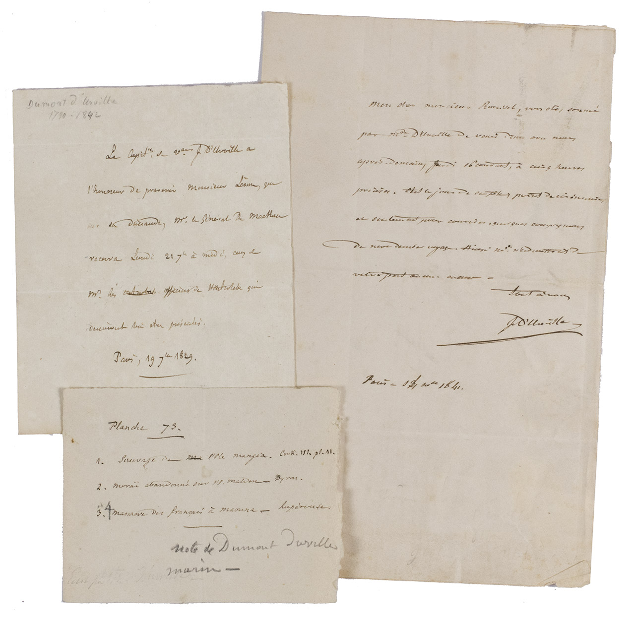 [MANUSCRIPT LETTERS]. DUMONT D'URVILLE, Jules Sbastien Csar. - [Autograph letter from Dumont D'Urville to Pierre Adolphe Lesson].Paris, 19 September 1829. 13 x 10.2 cm.With:(2) DUMONT D'URVILLE, Jules Sbastien Csar. [Autograph letter from Dumont D'Urville to Mr. Rousset].Paris, 14 December 1841. 21 x 13 cm.(3) [DUMONT D'URVILLE, Jules Sbastien Csar]. [Autograph note by Dumont D'Urville].[France?, first half of the 19th century?]. 8 x 10 cm.Written in French, in a neat early 19th century cursive in brown ink. Folded.