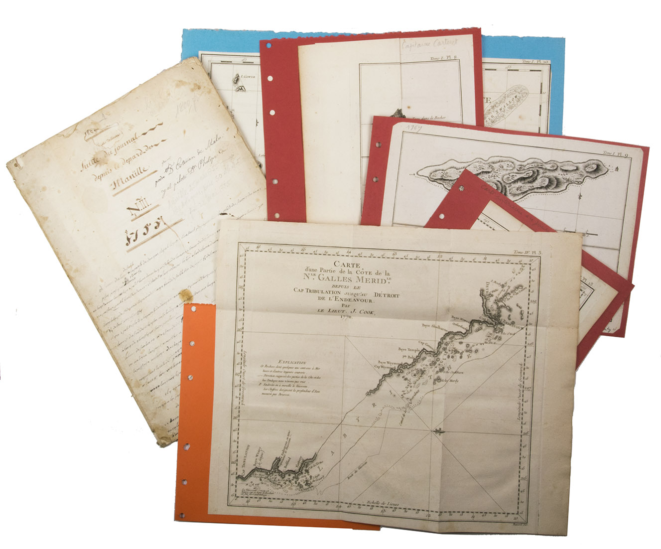 [MANUSCRIPT - MAPS - INDONESIA - ISLANDS in the PACIFIC OCEAN]. - [Suitte du journal depuis le dpart de Manille NIII 1755].1755. Manuscript of 24 pages, 6 printed maps on cardboard.