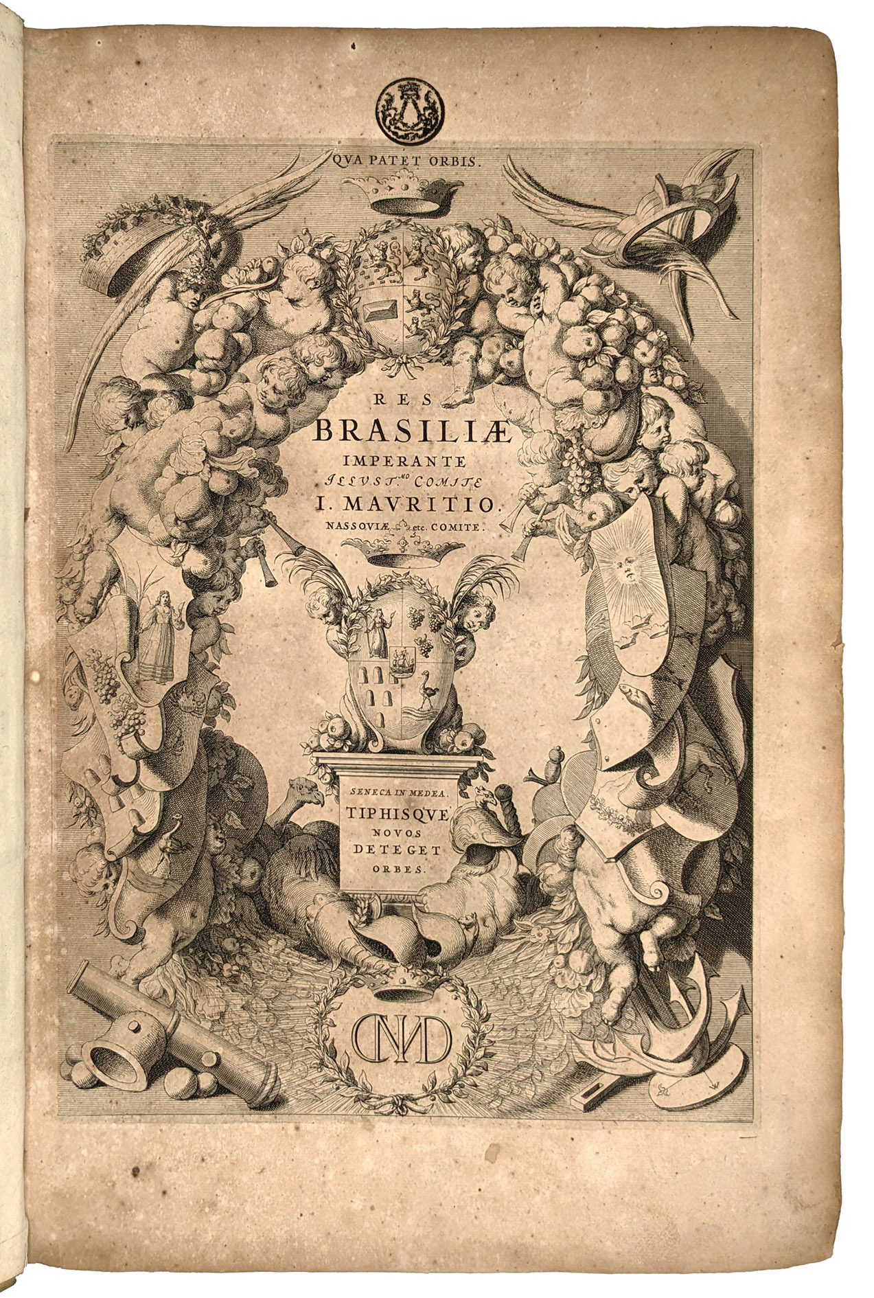 BARLAEUS, Caspar. - Rerum per Octennium in Brasilia et alibi nuper gestarum.Amsterdam, Joan Blaeu, 1647. Folio. With an engraved title-page, an engraved portrait of Johan Maurits van Nassau, 25 double-page engraved maps and plans, and 31 double-page engraved plates. Further with a woodcut printer's device on the title-page. Contemporary vellum, upper cover ruled in blind with blind-stamped floral vignette in center.