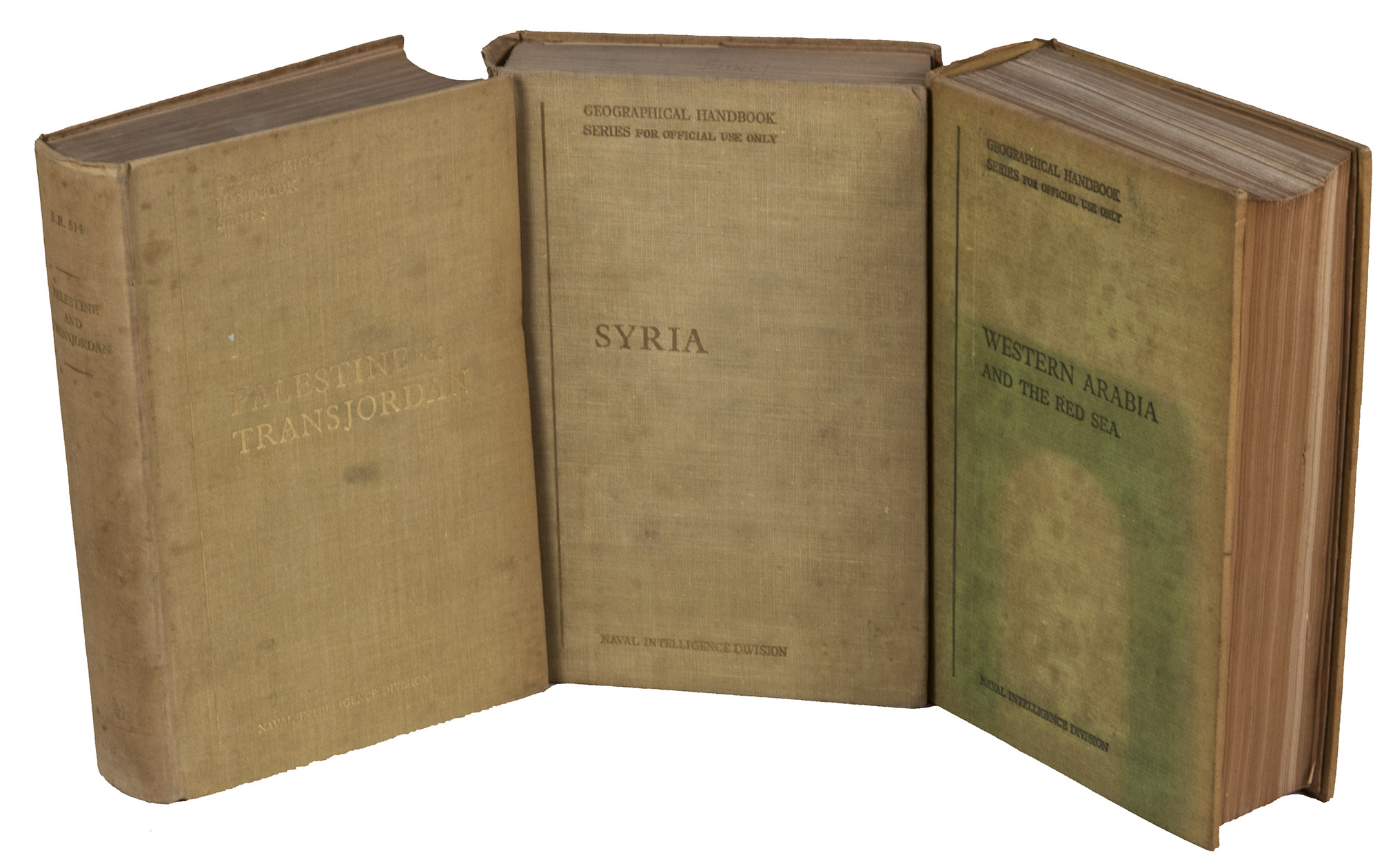 NAVAL INTELLIGENCE DIVISION. - Syria. April 1943.With:(2) IDEM. Palestine and Transjordan. December 1943.(3) IDEM. Western Arabia and the Red Sea. June 1943.Stationery Office, University Press Oxford, 1943-1946. 3 volumes. Many plates, tables and photographs. Each volume including separate fold-out maps, one in colour.  Contemporary green cloth with the title in gold on the front boards and the spines.