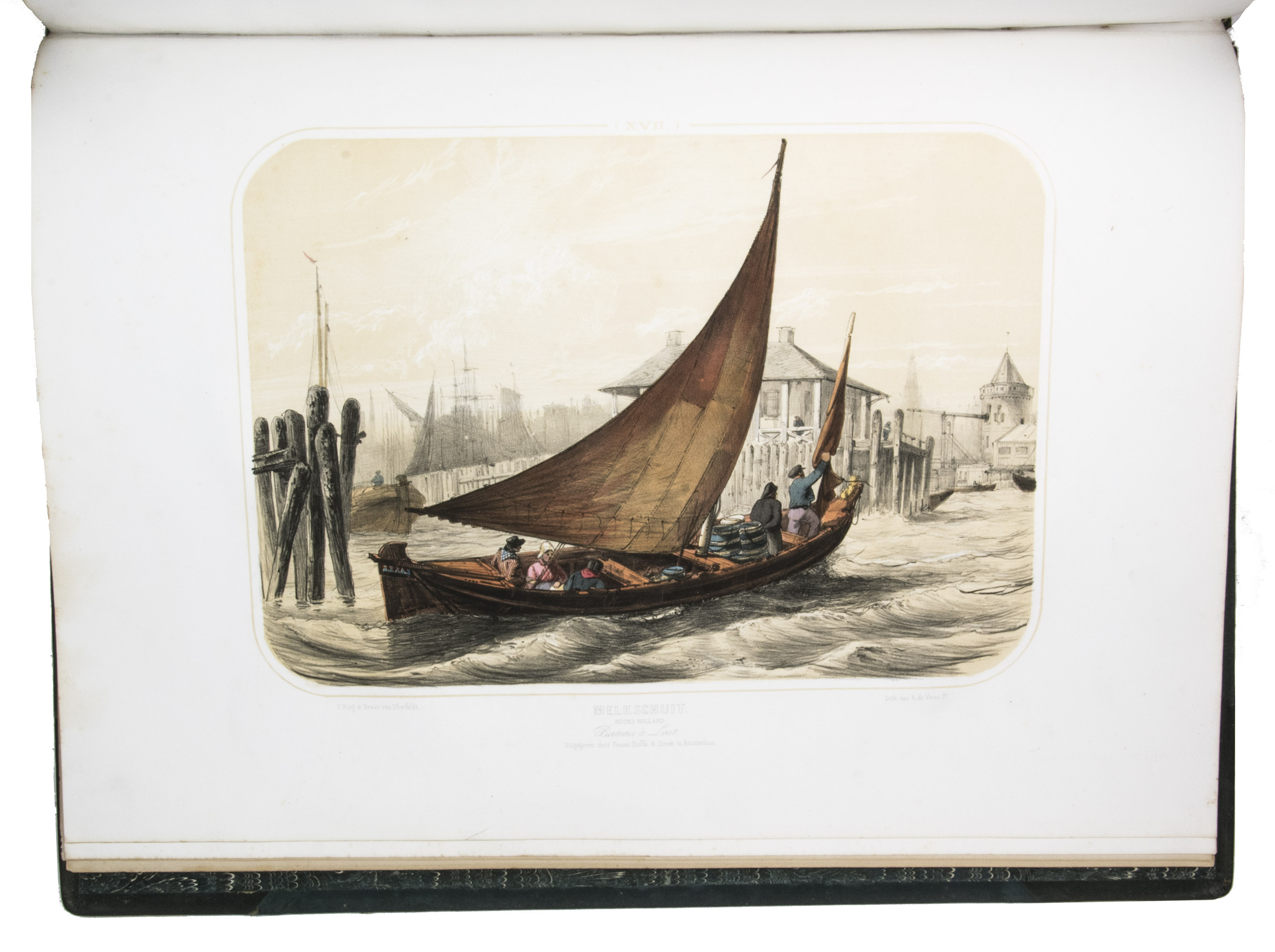 BING, Valentijn & Jan BRAET VON UEBERFELDT. - Nederlandsche Kleederdragten, naar de natuur getekend. Costumes des Pays-Bas dessins d'aprs nature.Amsterdam, Frans Buffa en zonen, 1857. With:(2) BING, Valentijn & Jan BRAET VON UEBERFELDT. Nederlandsche zeden en gebruiken. Naar de natuur getekend. Moeurs et usages de la Hollande dessins d'aprs nature.[Amsterdam, Frans Buffa en zonen, 1859].2 works in 1 volume. Large folio (ca. 57 x 41 cm). Ad 1 with 56 large lithographed plates showing Dutch costumes, printed in colour. Ad 2 with 18 lithographed Dutch folkloristic and costume plates, printed in colour and finished by hand. Contemporary three quarter buckram with the title and the name of the author lettered in gold on the front board and on the spine.