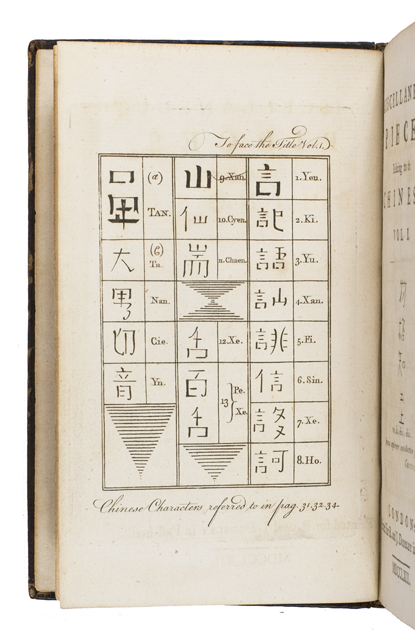 PERCY, Thomas (editor). - Miscellaneous pieces relating to the Chinese.London, printed for R. and J. Dodsley, 1762. 2 volumes. Small 8vo. With an engraved frontispiece with Chinese characters in volume 1 and a quote from Confucius in Chinese characters and a Latin transliteration and translation serving as a vignette on both title-pages. Contemporary sprinkled calf.