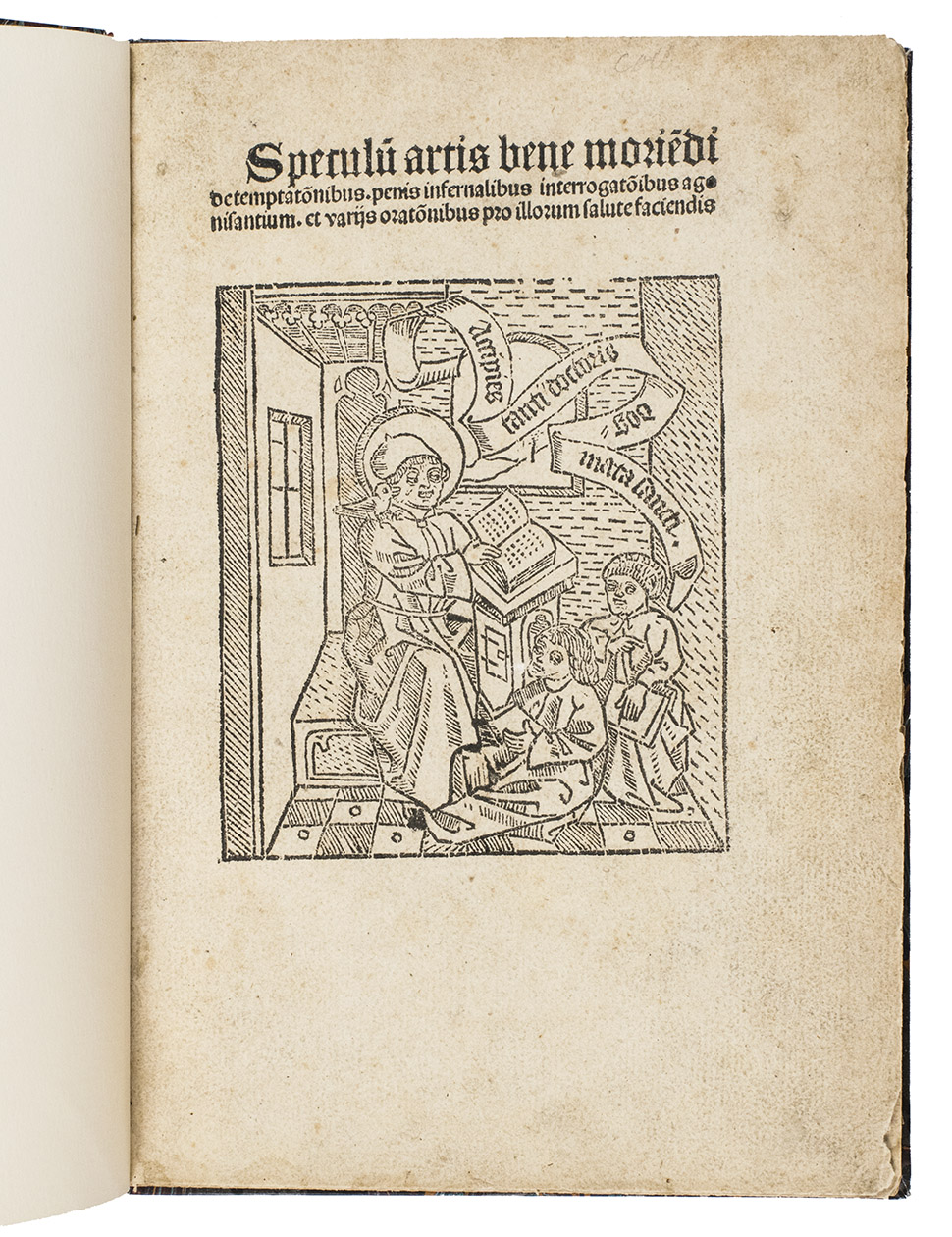 [INCUNABLE - COLOGNE EDITION OF THE ARS MORIENDI]. - Speculu[m] artis bene morie[n]di [= Ars moriendi].[Cologne, Heinrich Quentell, ca. 1493/97].  Small (Chancery) 4to (20.5 x 14.5 cm). With a large woodcut on the title-page. Set in a single column, with 36 lines to the page, in a rotunda gothic type, with a larger textura gothic for the first line of the title. With spaces left for manuscript initials with manuscript guide letters in black ink. Most pages with a few words underscored in black ink. Recent marbled paper over boards by the Geneva bookbinder Jean-Luc Honegger (signed with his honegger stamp in blue ink at the foot of the back paste-down), the marbled paper in an antique spot pattern, black morocco spine label with the title in gold roman capitals, reading up the spine.
