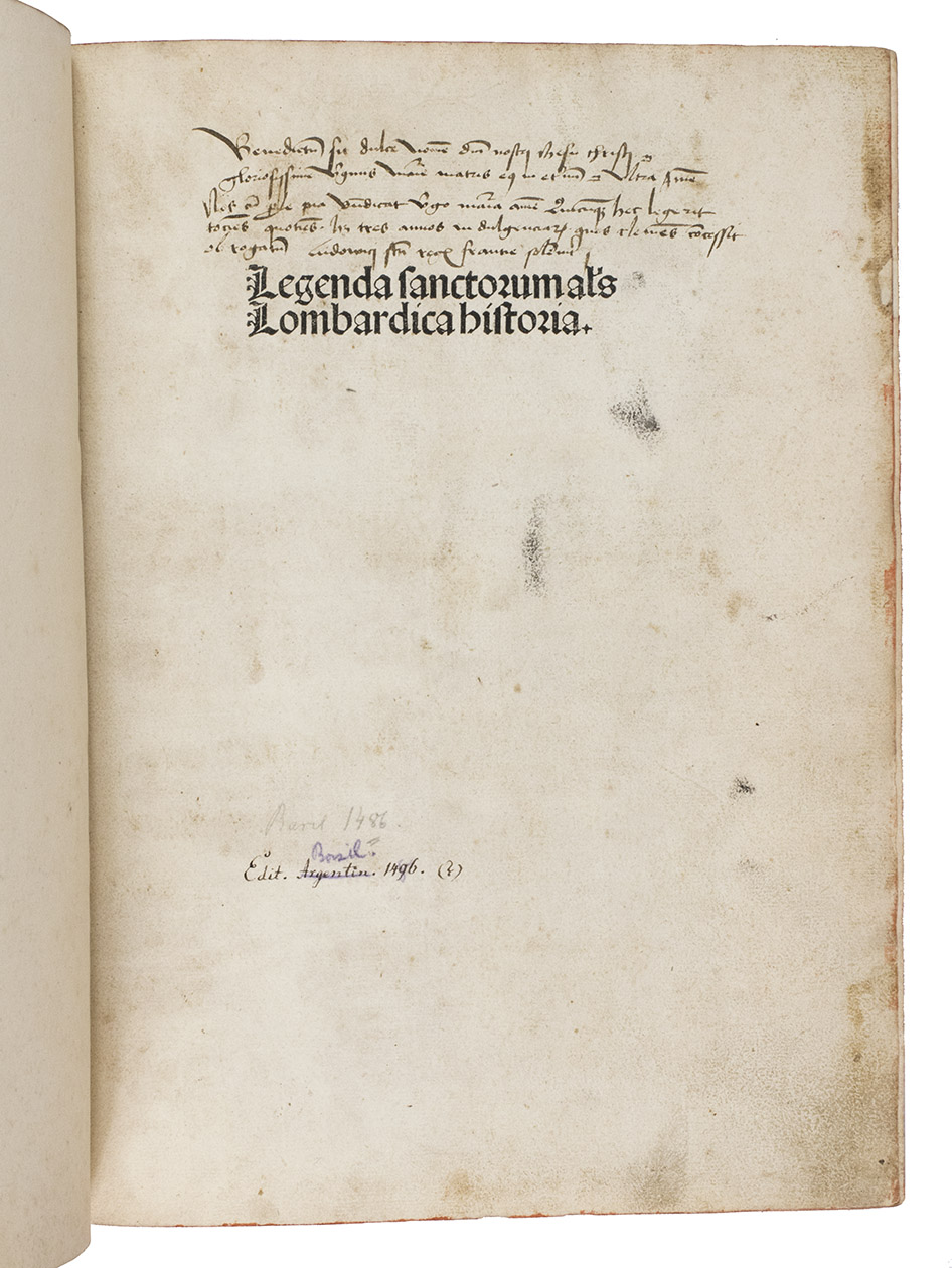 VORAGINE, Jacobus de. - Legenda sanctorum al[ia]s Lombardica historia. [= Legenda aurea sanctorum].[Colophon:] Basel, Nikolaus Kessler, 25 June 1486 Small (Chancery) folio (28.5 x 22 cm). With Kesslers 1485 woodcut armorial device below the colophon (double shield hanging from a branch, the dexter shield with 3 kettle hooks and the sinister shield with a K and cross). Blind-tooled tanned sheepskin (ca. 1870/1900), with a hollow back, sewn on 4 recessed cords but with 5 false bands on the spine, gold-tooled black morocco spine-label in the 2nd compartment and BASEL 1486 in gold at the foot.