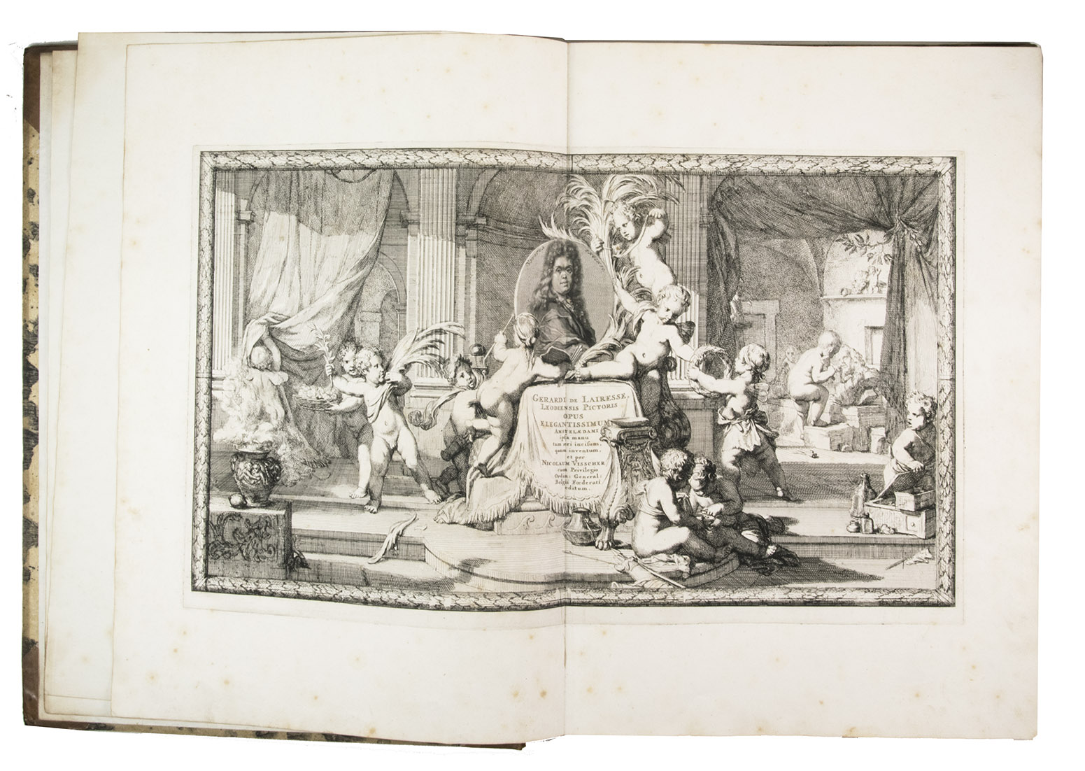 LAIRESSE, Gerard de. - Gerardi de Lairesse, Leodiensis pictoris, opus elegantissimum, Amstelaedami ipsa manu tam aeri incisum, quam inventum.Including: [LAIRESSE, Gerard de, and Nicolaas VISSCHER II]. Appendix. Diversae de signationes, Lairessaea quidem manu inventae et pictae, at aliorum sculptorum manibus artificiosissime aeri incisae et sumptibus Nicolai Visscher editae.[Amsterdam], [Nicolaas Visscher II], [ca. 1690?]. 1mo (52 x 39 cm). With a double-page engraved title-page, an engraved title-page of the appendix and more than 100 engraved illustrations on 56 large double leaves, including 31 double-page engravings. 18th-century half gold-tooled, sprinkled calf, decorated paper over boards, with a gold-tooled red morocco title-label on the spine.