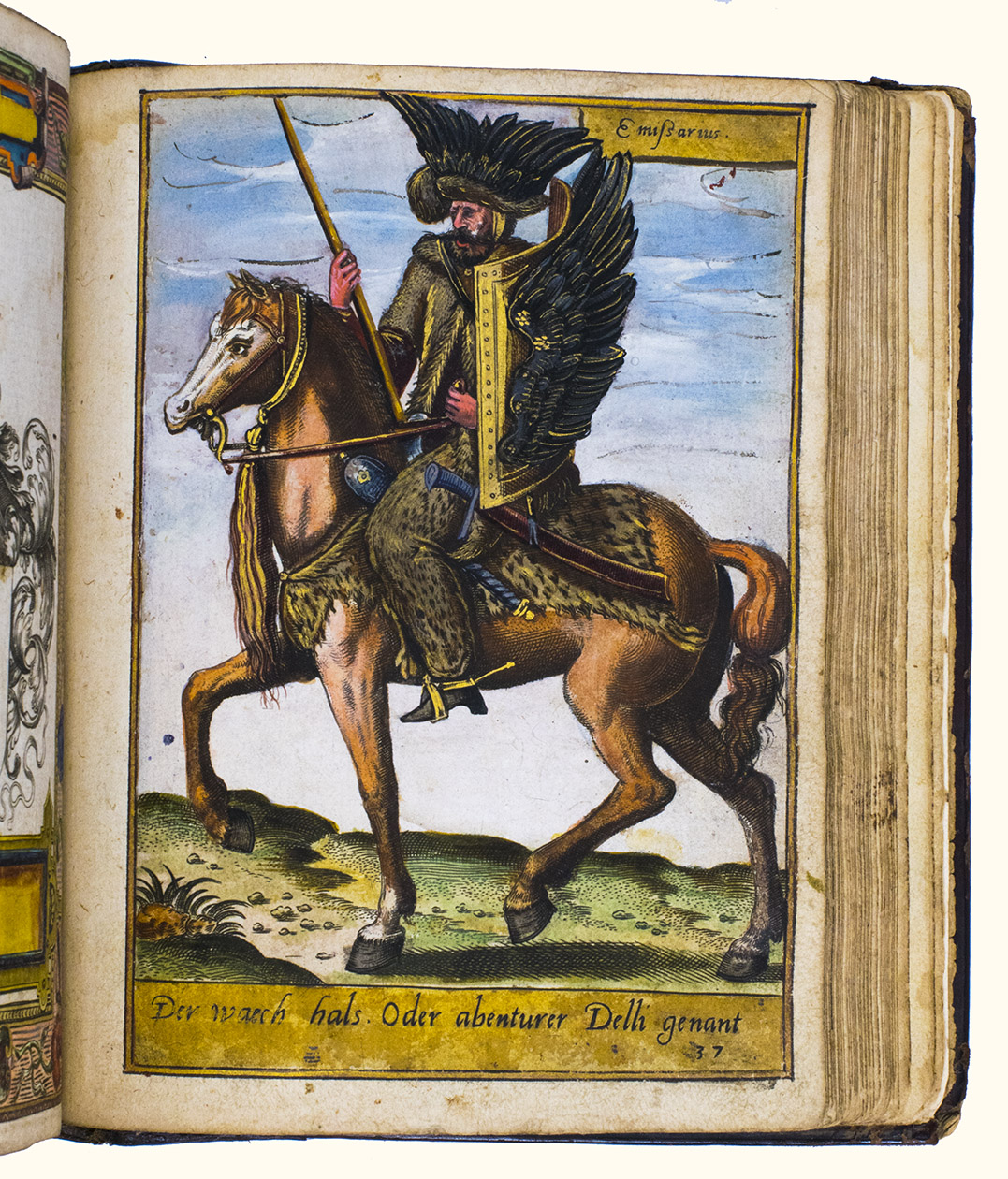 [ALBUM AMICORUM - EQUESTRIANISM - HERALDRY]. - [Late 16th- and early 17th-century album amicorum].[North-western Europe (specifically the vicinity of Brussels?)], [1585-1615]. 4to. With 45 hand-coloured and highlighted in gold engraved plates of horses and their riders from Europe, North Africa, and the Near and Middle East, numbered 1-50 (skipping nos. 2, 21, 27, 35, and 36), 46 hand-coloured and highlighted in gold engraved heraldic plates (sometimes filled in with manuscript notes), 2 hand-coloured manuscript coats of arms on l. 15v, and 1 black and gold hand-coloured manuscript coat of arms on the back paste-down. Contemporary elaborately gold- and blind-tooled mottled calf, with gold lettering on both boards (front: RVB HZC VFB C.) (back: 1590).