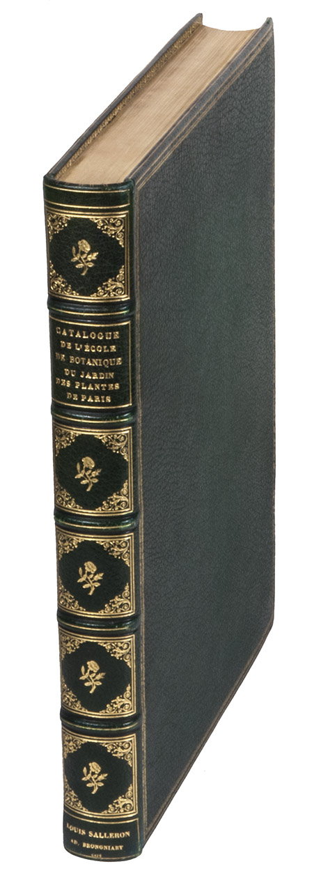 SALLERON, Louis. - [MANUSCRIPT]. Catalogue gnral des plantes cultives a l'cole de botanique du jardin du roi. Selon la classification adopte par M. Ad. Brongniart, et indiquant en synonymes les noms des plantes de l'ancienne cole de desfontaines.Paris, 1848. 4to. In a dark green custom case with thte title on the spine in gold lettering, interior of red calfskin lined with suede. Dark green morocco.