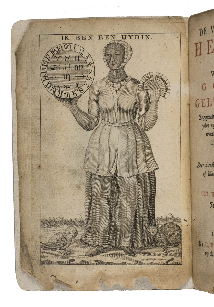 [POPULAR LITERATURE - FORTUNE TELLING]. - De vermakelyke heydin, of wonderbare goedergelukzegster, zeggende op een vermakelyke wys, een yder zyn geluk, of ongeluk, wat hem overkomen zal, op twee duyzent, drie hondert en sestig differente manieren.The Hague, Burger Vermeulen, [second half of the 18th century]. 8vo. With an engraved frontispiece and the title-page printed in red and black. Later red and white floral-patterned decorated paper wrappers.