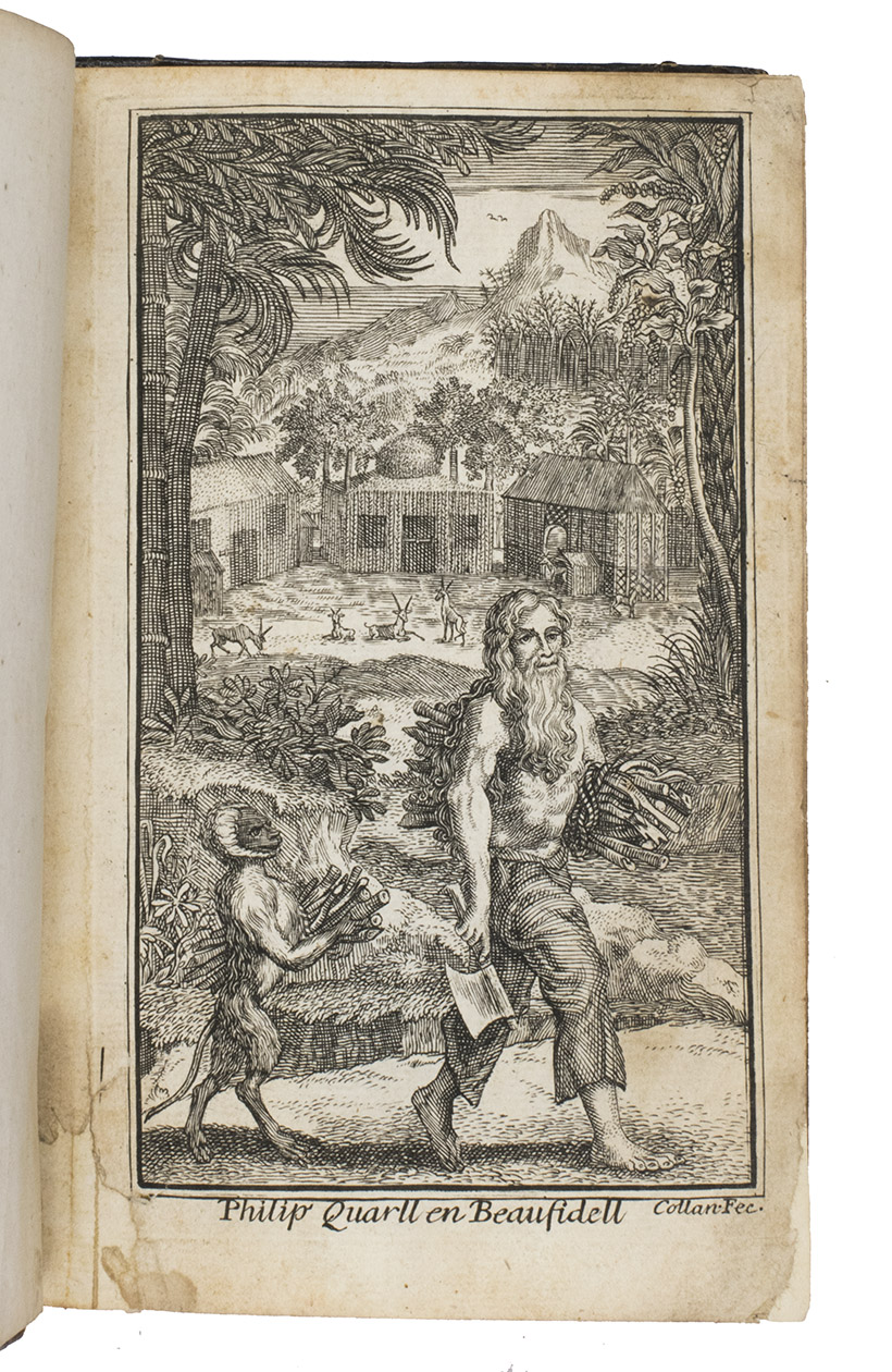 [LONGUEVILLE, Peter]. - De kluizenaar; of de weergalooze rampen, en verwonderenswaerdige gevallen van Filip Quarll, Engelschman.Rotterdam, Jan Daniel Beman, 1728. 8vo. With an engraved frontispiece, signed by Collan, a folding map of Quarll's island, and a folding plate of the shipwreck. The title-page is printed in red and black and shows a small woodcut ornamental vignette, the work includes headpieces built up from typographic material, woodcut ornamental tailpieces, and woodcut decorated initials. Contemporary half tanned sheepskin, sprinkled paper sides, and a red paper label on the spine.