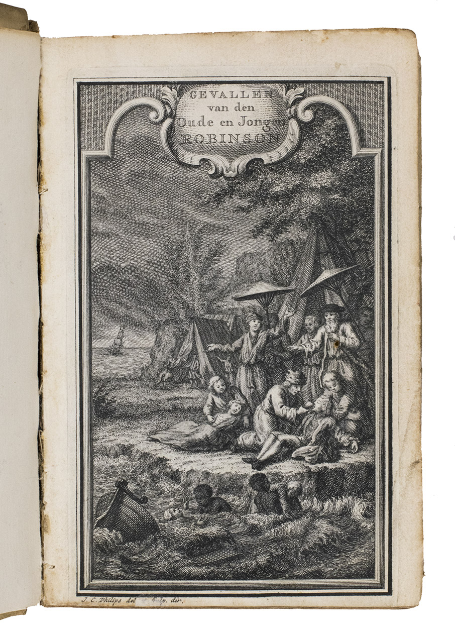 [ROBINSONADES]. - Gevallen van den oude en jongen Robinson. Behelzende de opvoeding van den jongen Robinson tot Utrecht; zyne deugden, gebreken en Huwelyk. Vertrekt na Madera om zyn Vader uittevinden, bevegt een zeerover [...] Strand op Tabago. Word door zyn Vader van de dood gered, zonder hem te kennen. Oprechting van een nieuw gemeenebest aldaar, en keeren te zamen met veele schatten na Europa [...].Amsterdam, Steven van Esveldt, 1753. 8vo. With an engraved frontispiece, signed by J.C. Philips, the title-page printed in red and black and with a small ornamental woodcut vignette, two woodcut decorated initials, and one ornamental woodcut tailpiece. Contemporary vellum.