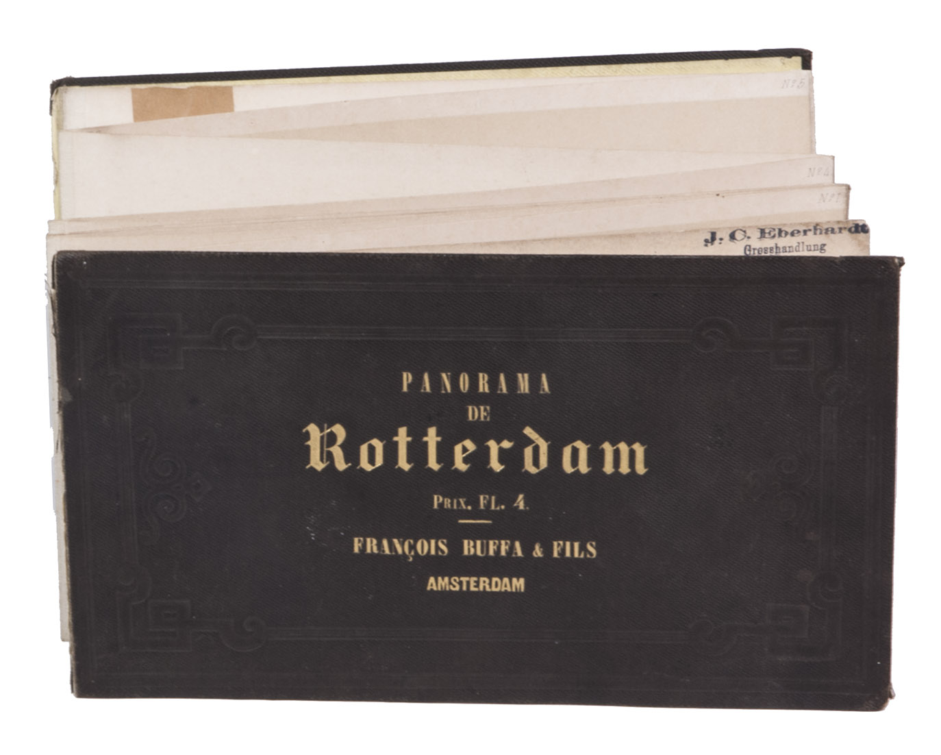 [PANORAMA - ROTTERDAM]. Johan Conrad GREIVE jr. (illustrator). - Panorama de Rotterdam.Amsterdam, [printed by R. de Vries for] Franois Buffa & Sons, [1861]. Oblong (14.5 x 25 cm). The panorama is made up of 6 numbered views, which were originally published on three loose leaves of 2 views per leaf. The viewer looks northward from the river Meuse over the city from the old 