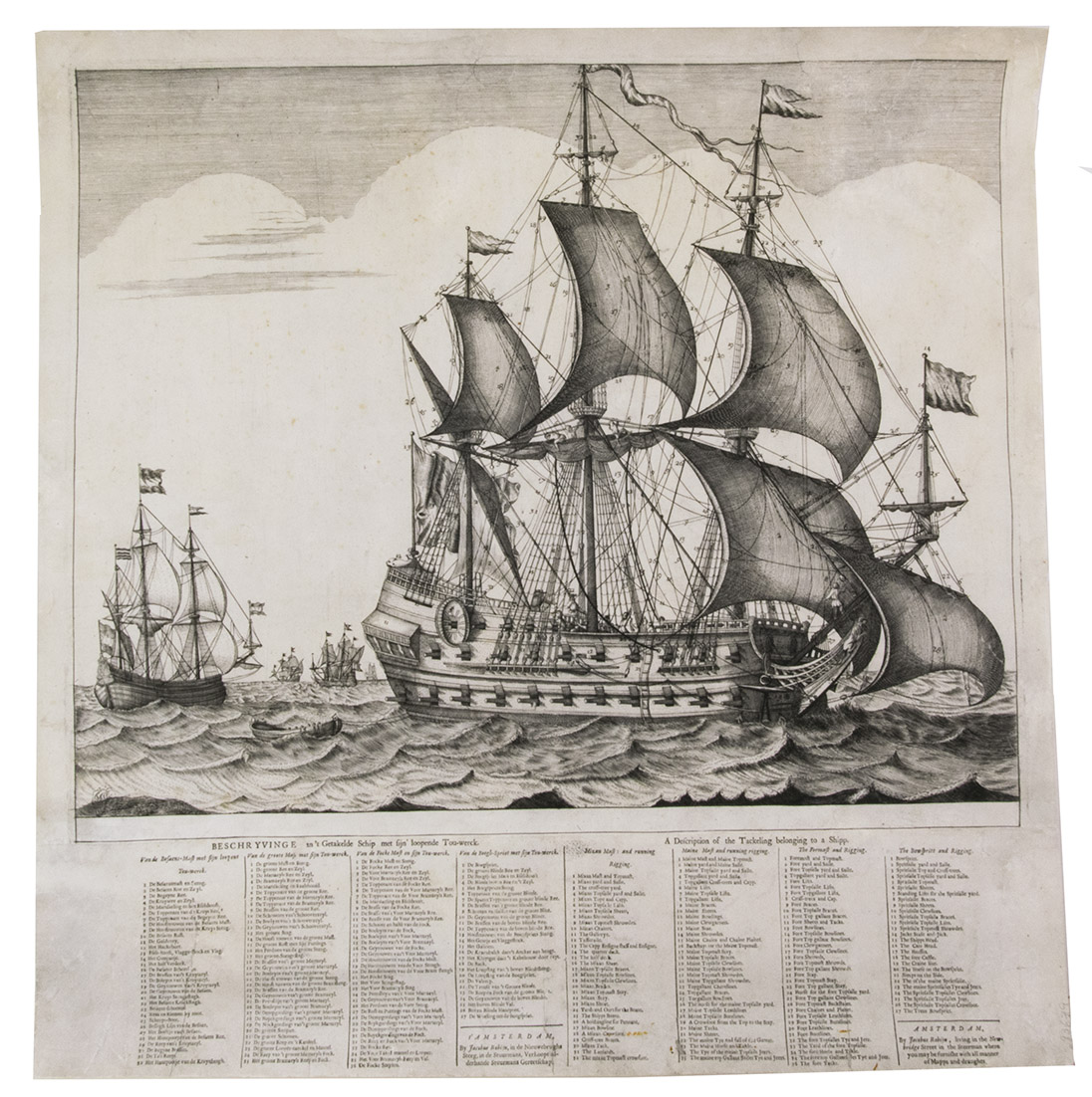 AVEELE, Johannes Jacobsz van den. - Beschryvinge [v]an 't getakelde schip met sijn loopende touwerck. A description of the tackeling belonging to a shipp.Amsterdam, Jacobus Robijn, [c. 1690]. 470 x 380 mm. Large copperplate engraving of ship.