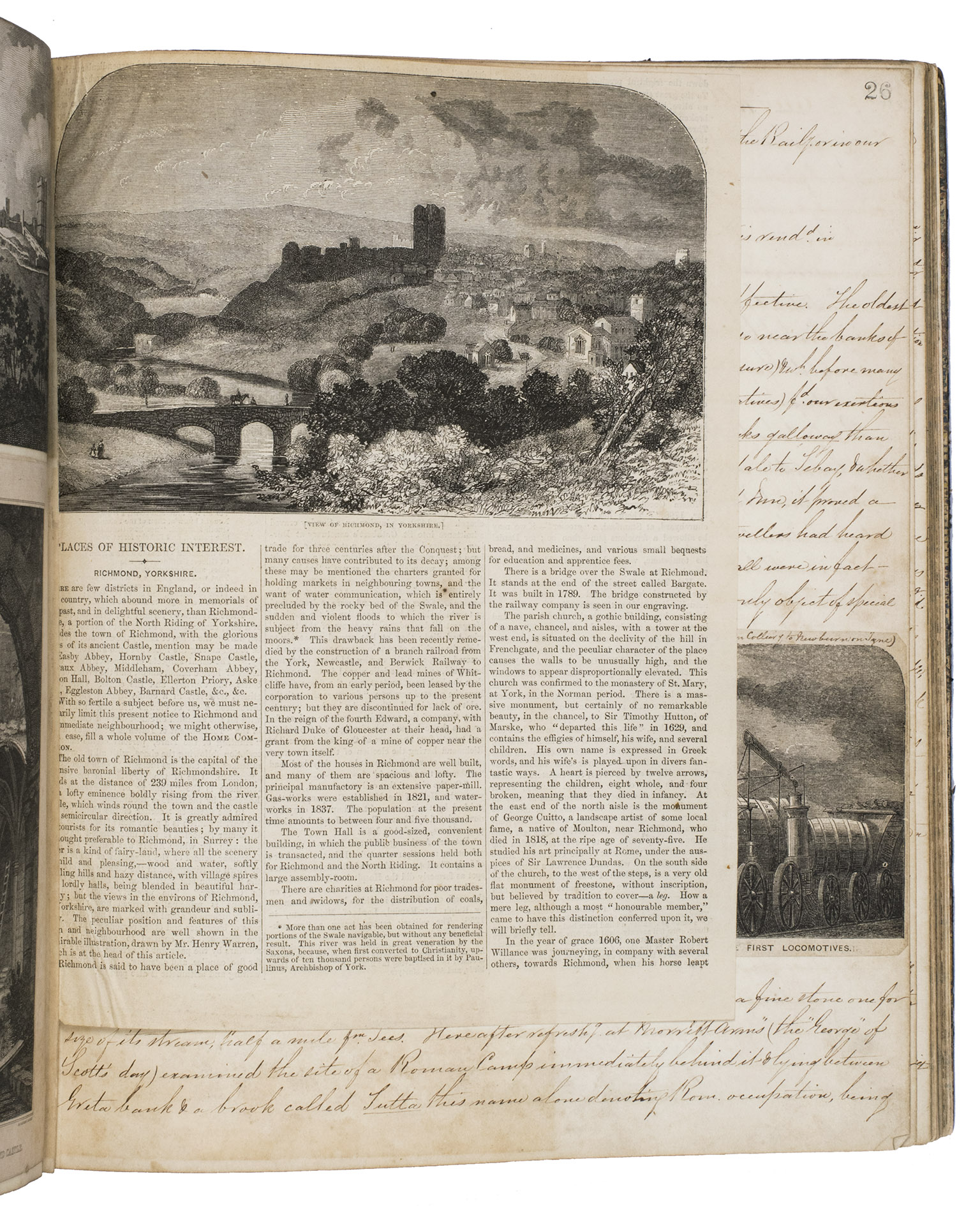 [SMITH, Henry Ecroyd]. - Notes of a three weeks ramble in North Yorkshire and South Durham.[England], [18]61. Folio (28.5 x 23 cm). With numerous lithographs, copper- and steel-engravings, and newspaper clippings mounted on the leaves, a folding map of Russia added between pages 63 and 64, and a blank leaf from the guest book of the Hotel des Boulangers in Bern added between pages 75 and 76. All leaves are blind-ruled. Contemporary gold- and blind-tooled blue sheepskin.