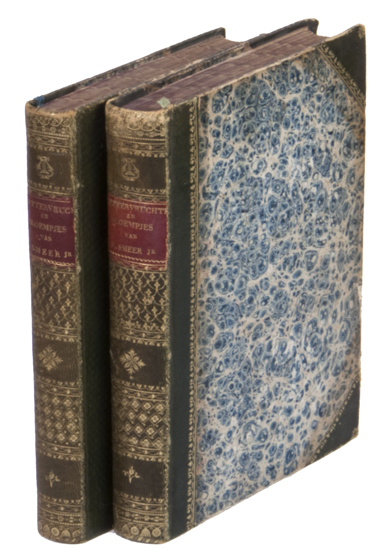 SMEER Junior, Frans. - Lettervruchten en bloempjes.[The Netherlands, ca. 1820]. 2 volumes. 8vo. Contemporary gold-tooled half green calf with a red morocco title-label on the spine, marbled sides, gold-tooled board edges, red decorated edges.