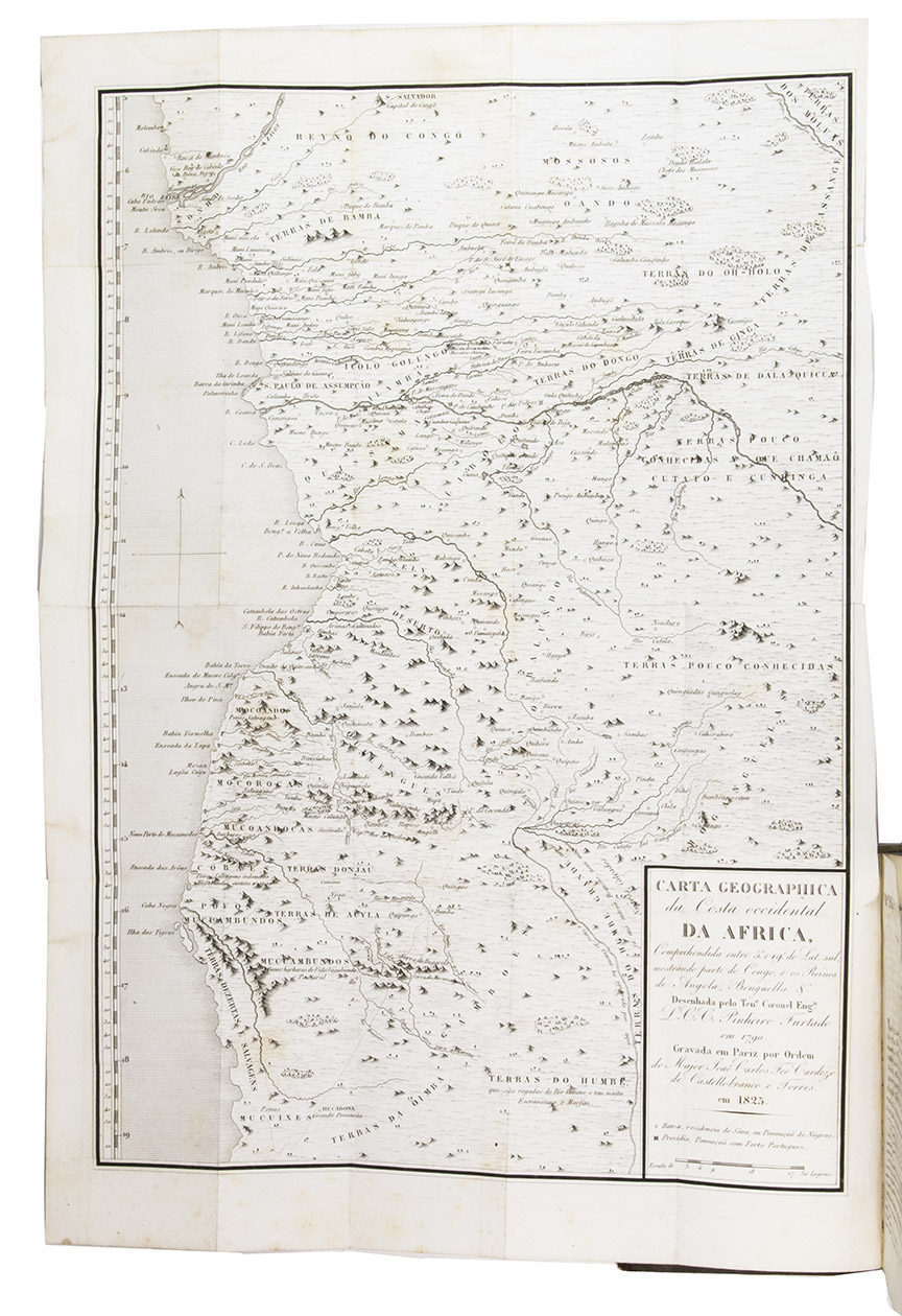 FEO CARDOZO DE CASTELLOBRANCO E TORRES, Joo Carlos. - Memorias contendo a biographia do vice almirante Luiz da Motta Feo e Torres. A historia dos governadores e capitaens generaes de Angola, desde 1575 at 1825, e a descripo geographica e politica dos reinos de Angola e de Benguella.Paris, Fantin, 1825. 3 parts in 1 volume. 4to. With one large folding map at the start of the first volume, showing the coast of Angola, and a small vignette on the title page. Contemporary gold-tooled tree-marbled calf.