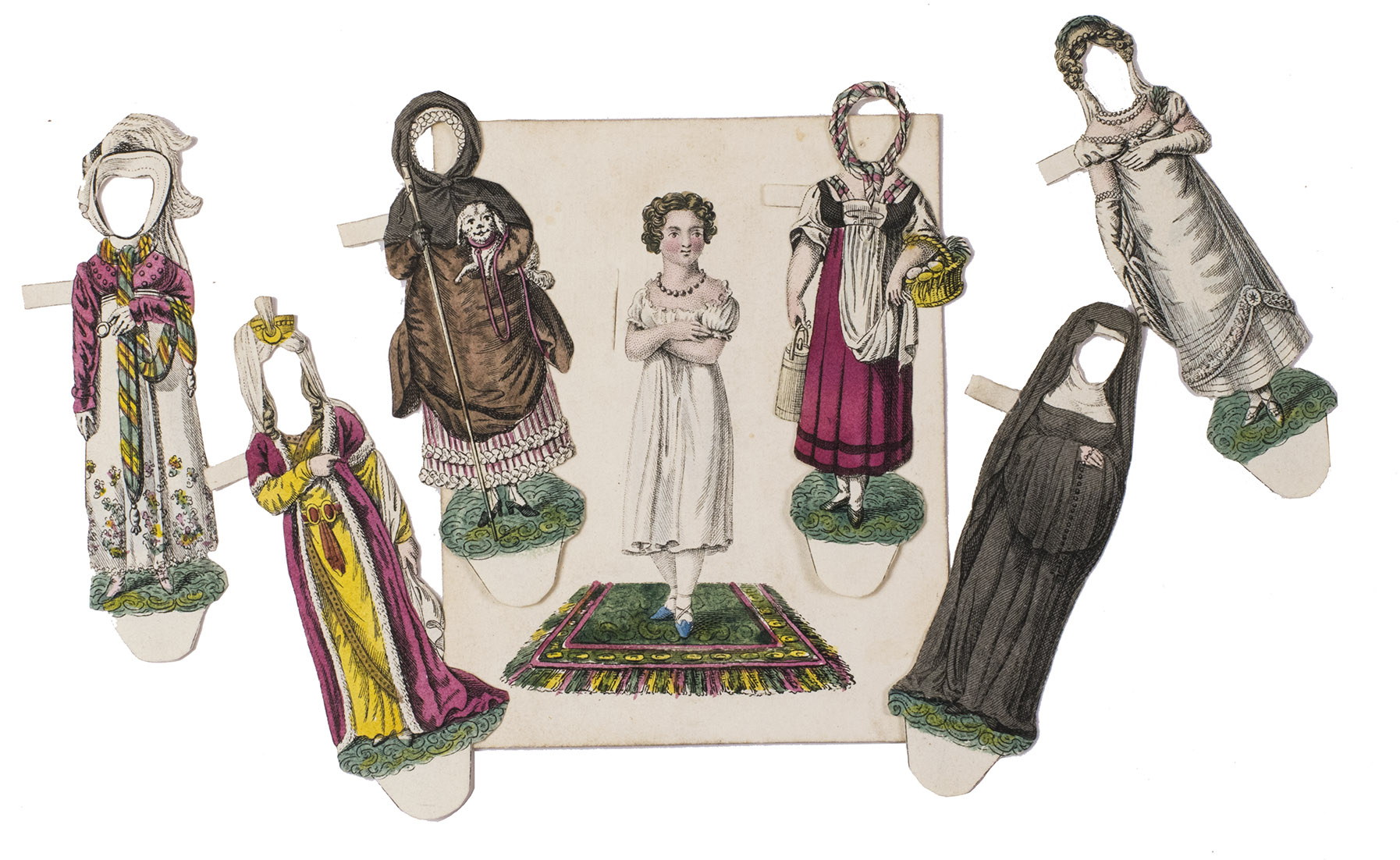 [MOVABLE DOLLS, subject]. - De weldadige Louize of het meisje in zesderlei gedaanten. Een onderhoudend geschenk voor meisjes. Met zeven gekleurde beweegbare plaatjes.Amsterdam, Gebroeders van Arum, [1828]. 12mo. One paper doll printed on cardstock plate with slits above left shoulder and below feet, into which tabs on six outfits printed on cardstock plates can be placed. Paper doll and outfits are hand-coloured. Rear paste-down functions as an envelope. Contemporary boards, upper board is printed with title and a decorative border. In custom box.