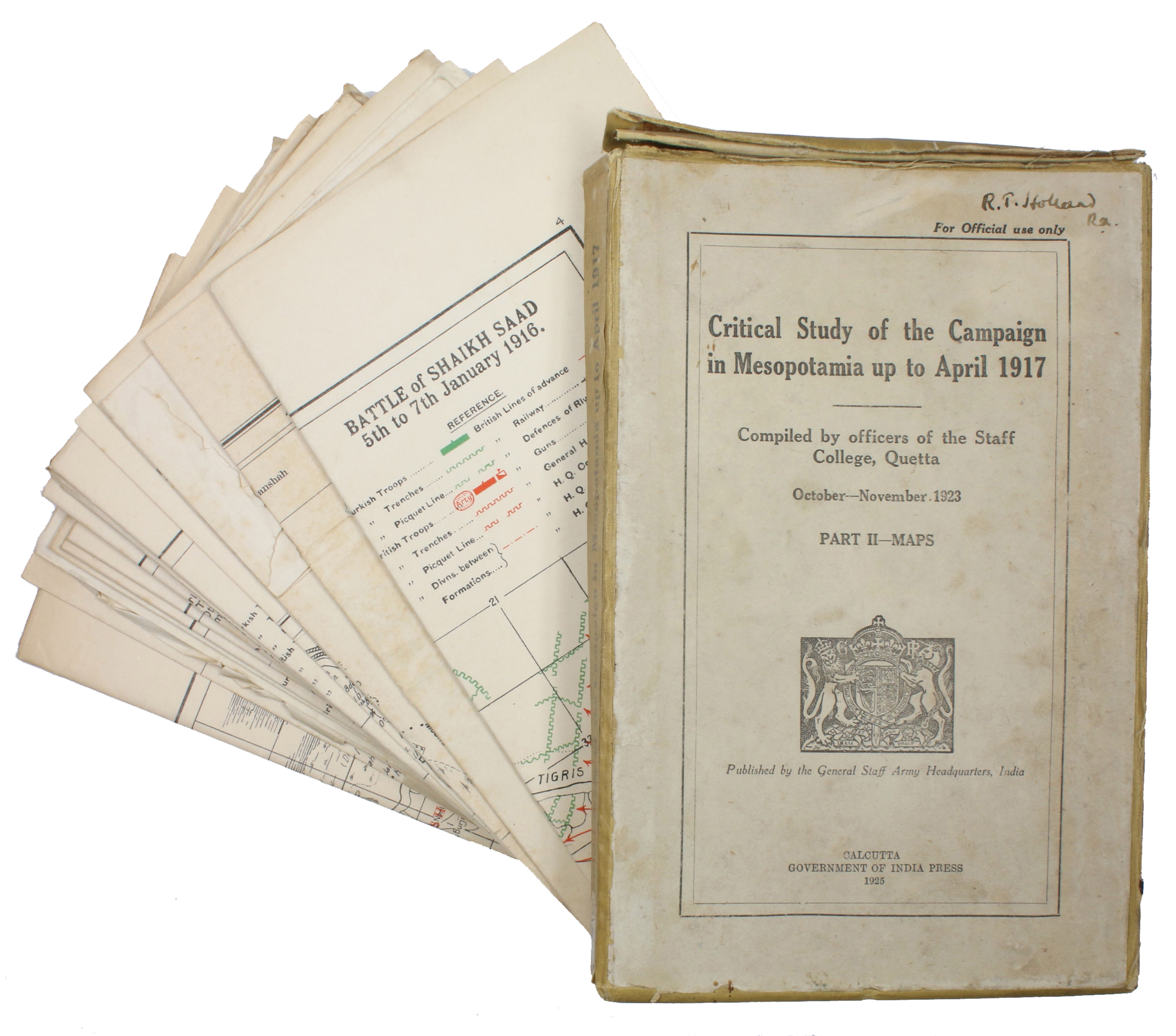 [MESOPOTAMIAN CAMPAIGN]. - Critical study of the campaign in Mesopotamia up to April 1917. Part II - Maps.Calcutta, Government of India Press, 1925. 25 (of 26) folding maps, sketches etc., as always lacking the 