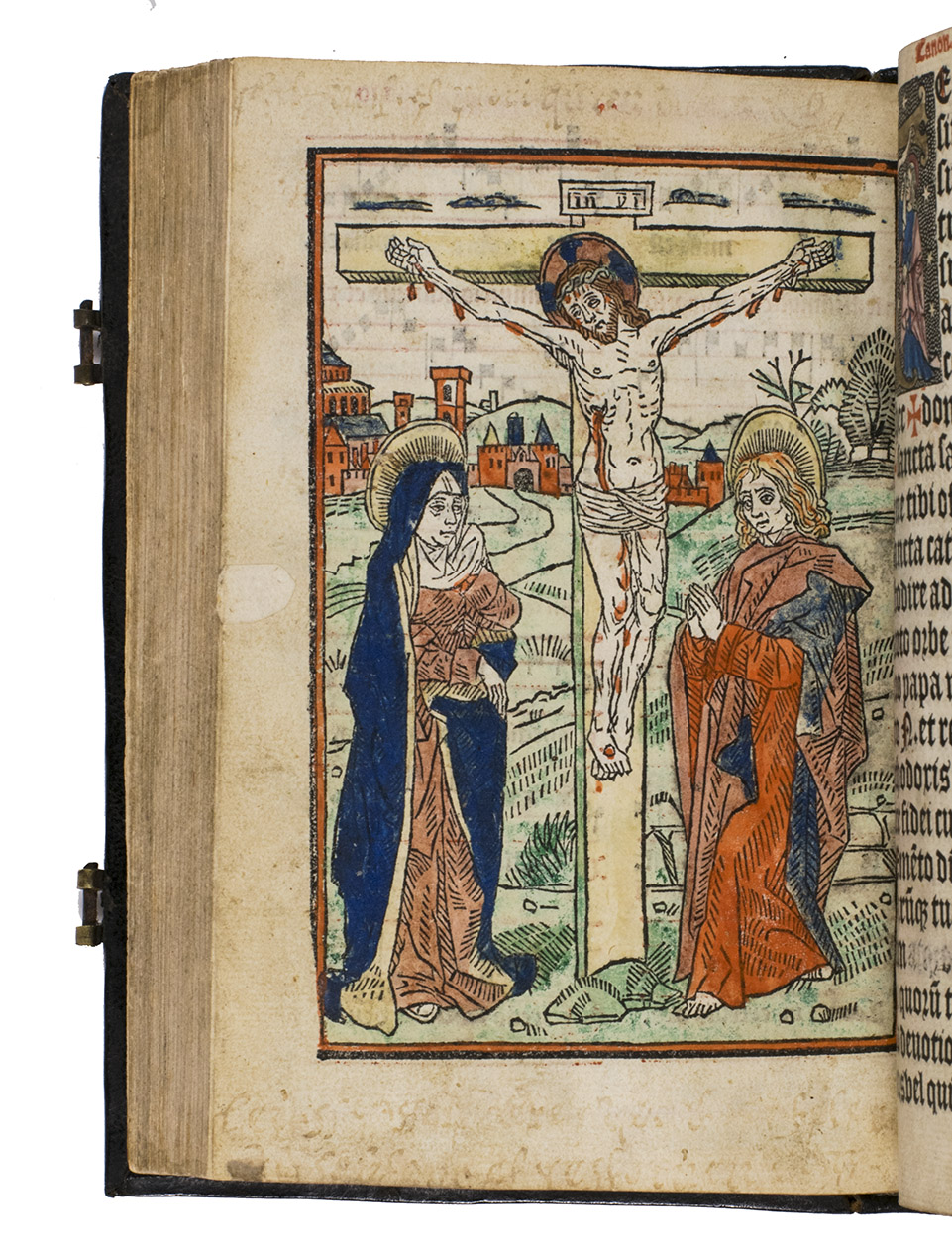 [ROMAN MISSAL]. - Missale ad consuetudinem Ecclesie Romane; ...[Paris], Thielman Kerver, [colophon: anno domini 1506. x. kalendas apriles = 23 March 1507]. 8vo. Printed in red and black throughout in 2 columns, with Kervers finely executed crible armorial device on the title-page, a crucifixion woodcut, hundreds of impressions of at least 28 finely executed lombardic initials with decorations, as well as dozens of spaces left for manuscript initials, about half with printed guide letters, and a two-impression plainchant music type. The capitals are rubricated throughout. The main text is set in a rotunda gothic type, and the Canon in a larger textura gothic. The woodcut crucifixion, Kervers device and the crible initials are all coloured by a contemporary hand. Gold- and blind-tooled black goatskin morocco (1st half of the 18th century), the front board dated ANNO|DOMINI|1506 in gold, and the spine-title MISSALE|ROMANUM in gold, marbled endpapers, gilt edges, 2 brass fastenings.