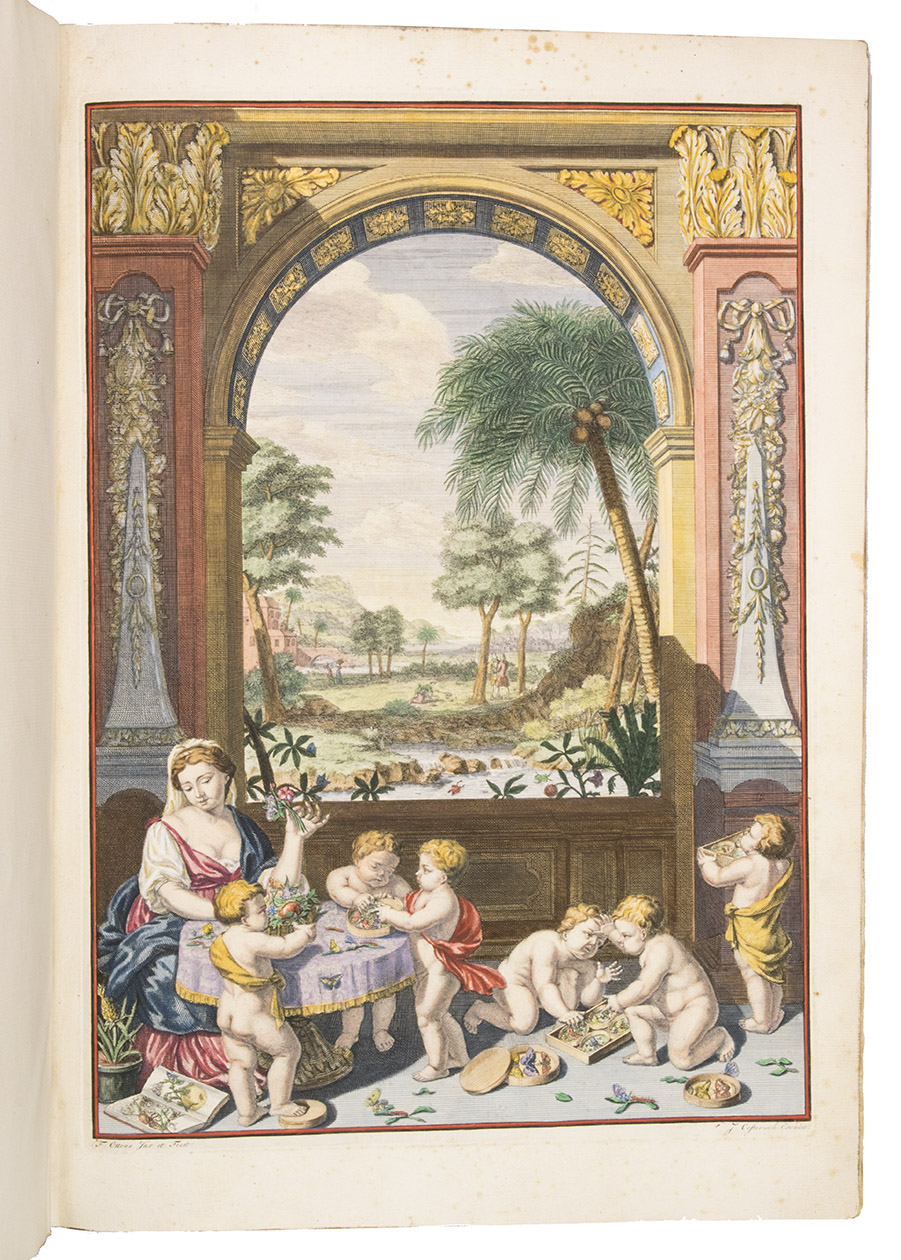 MERIAN, Maria Sybilla. - Over de voortteeling en wonderbaerlyke veranderingen der Surinaemsche insecten ...Amsterdam, Johannes van Oosterwyk, 1719. Imperial folio (53 x 38 cm). With an engraved frontispiece, drawn and engraved by Frederik Ottens (representing the author in her youth seated at a table with flowers and insects, assisted by 6 putti, while a large decorated arch reveals a tropical landscape in the background with buildings and 2 men stand conversing while Merian, nearby on her knees, is catching a butterfly with a net), and 72 etched counterproofs, numbered I-LXXII in the facing letterpress descriptions (not numbered in the plates themselves). Further with Van Oosterwyk’s engraved device (a bearded man sitting on the forest floor playing a lyre, with motto, “vigilanter et quieté”), a large engraved headpiece above the dedication, incorporating the arms of the dedicatee, Balthazar Scott, 3 woodcut decorated initials (2 series) and a woodcut factotum. The frontispiece, publisher’s device and dedication headpiece and illustration plates coloured by contemporary hands, probably by Merian’s daughters. The frontispiece, title-page (lettering and the divice), and the dedication (both the arms and the lettering) highlighted in gold. Further with 4 woodcut decorated initials (3 series). Gold-tooled vellum (early 1800s), sewn on 8 supports, each board with a large arabesque centrepiece (15.5 x 12.5 cm) with flowers and foliage, with an empty central oval, 2 frames made from 2 different rolls (the inner 9 mm and the outer 10 mm, the latter edged inside with a sawtooth roll), the inner frame with a built-up cornerpiece inside and a crown (26 x 33 mm) outside each corner, the spine with each of the upper 4 and lower 4 compartments containing a built-up centrepiece and 4 cornerpieces, the larger central compartment with 3 lines of text reading up the spine, partly illegible, but probably reading “M S MERIAEN|VERANDERINGEN DER|INSECTEN” and across the head and foot a roll with crossed, dotted diagonal lines. With a built-up armorial centrepiece, apparently preserved from the book’s first binding in gold-tooled red goatskin morocco, on-laid on the front board near the centre of the fore-edge: a large cartouche (16 x 10.5 cm) with an oval centre (6 x 5 cm), with, around the oval inside the cartouche, floral and interlaced decorations, foliage and 5-pointed stars, and inside the oval the blind-tooled Cervantes coat of arms (37 x 26 mm: 2 stags - though here without antlers - the upper standing and the lower grazing, above “EX ANTIQUIS”, with a gold-tooled bishop’s cross and hat, the hat with 6 + 6 tassels). Further with gilt edges, headbands in green and beige (around a double vellum strip). The work is kept in a modern, custom-made case (half red morocco and marbled paper sides, with the title lettered in gold on the spine).