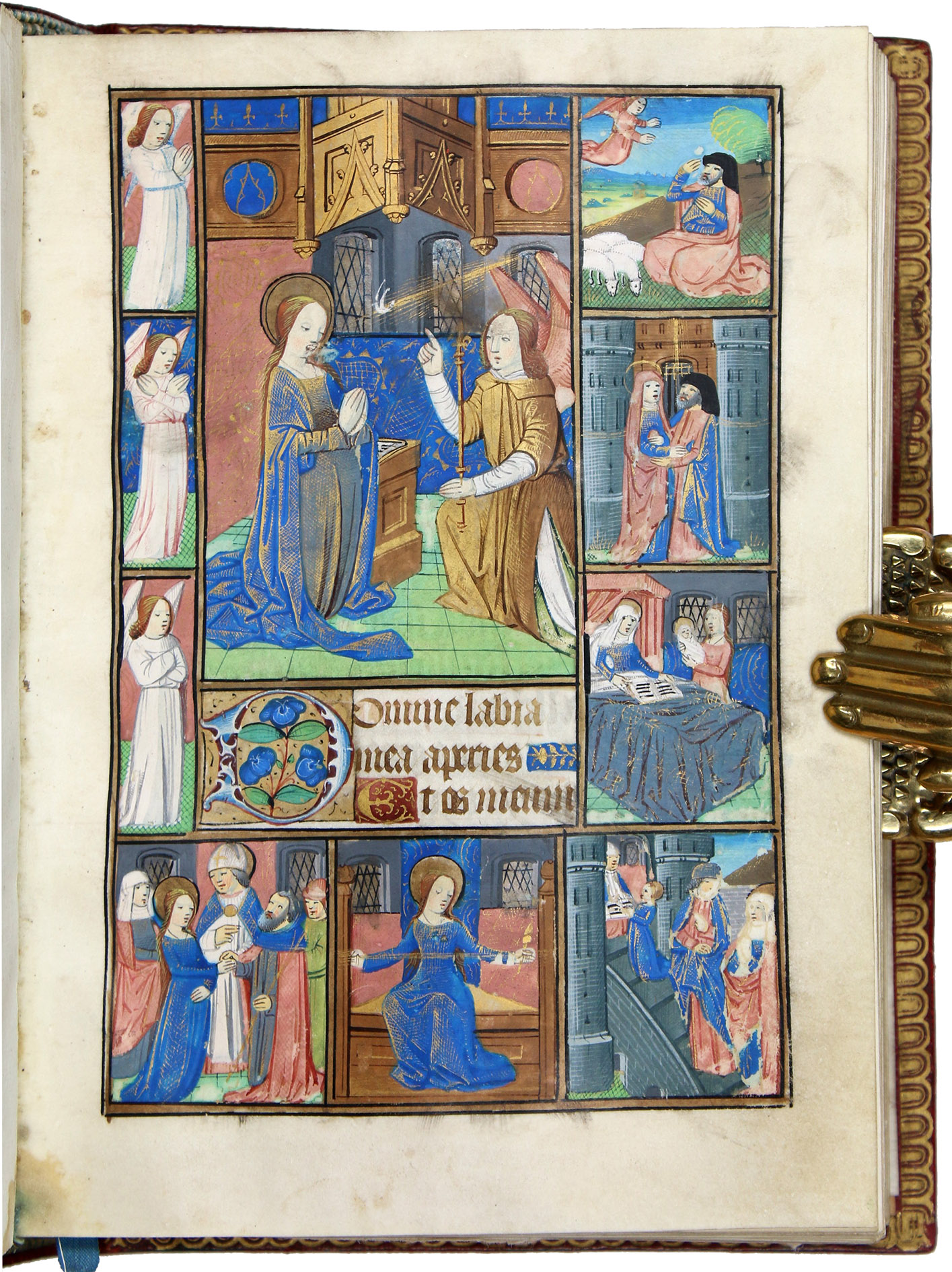 [BOOK OF HOURS]. - [Book of Hours - use of Rouen].Rouen, Normandy, France, ca. 1480. Small 4to (14.3 x 19.3 cm). Latin and French illuminated manuscript on vellum. Ruled in red ink for 14 lines per page (16 in the calendar). Gothic textura, major feasts in calendar in burnished gold, others alternately red or blue. Text pages illuminated with panel borders of flowers and plants on gold, and blue and gold stylised acanthus on a plain ground. Calendar has 24 small square miniatures set into panel borders; major text divisions marked by 12 large miniatures; 2 historiated initials; hundreds of smaller initials and line-fillers throughout. 18th-century French gold-tooled red calf over pasteboards, with the title lettered in gold on the spine, gilt edges, marbled endpapers.