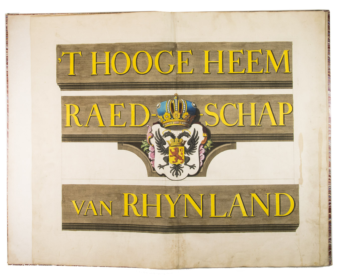 DOU, Jan Jansz. (Johannes Dou I), Steven van BROECKHUYSEN and Melchior BOLSTRA. - 'T Hooge Heemraedschap van Rhynland.[Amsterdam], Isaak Tirion, 1746. Atlas folio (58.5 x 37.3 cm). With 15 double-page engraved plates, all coloured by hand, including 13 maps. The plate size is mostly ca. 44.5 x 55 cm and ca. 41.5 x 55 cm, the map of the Haarlemmermeer has plate size 55 x 63 cm. An illustration of existing and projected sluices for drainage of the polder and another illustration with title, both after drawings by Melchior bolstra. All plates mounted on stubs so that they open flat. Half red sheepskin and intricately marbled paper sides.