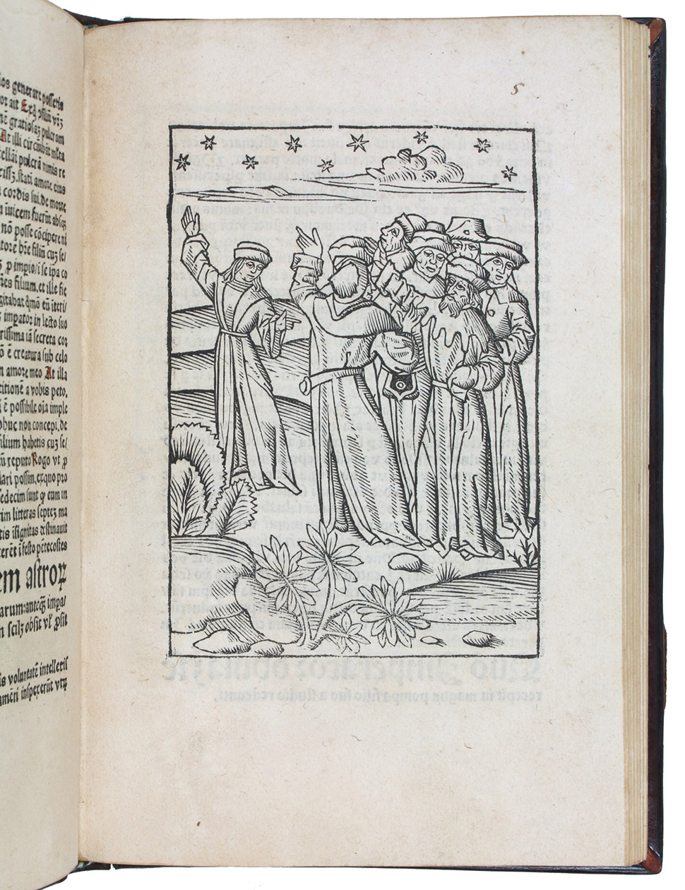 [SINDBAD  SEVEN SAGES]. - Historia septem sapientum Rome.Cologne, Johann Koelhoff the Elder, of Lbeck, (before 6 November) 1490. 4to (200 x 128 mm), 34-37 lines, gothic type, rubricated in red. Illustrated with a large armorial woodcut printers device at the end and 23 full-page woodcuts, with two of the woodcuts repeated several times.  Bound in contemporary blind-tooled full calf over wooden boards. Remains of clasps. Endpapers from a rubricated incunabular edition of the Biblia cum glossa ordinaria.