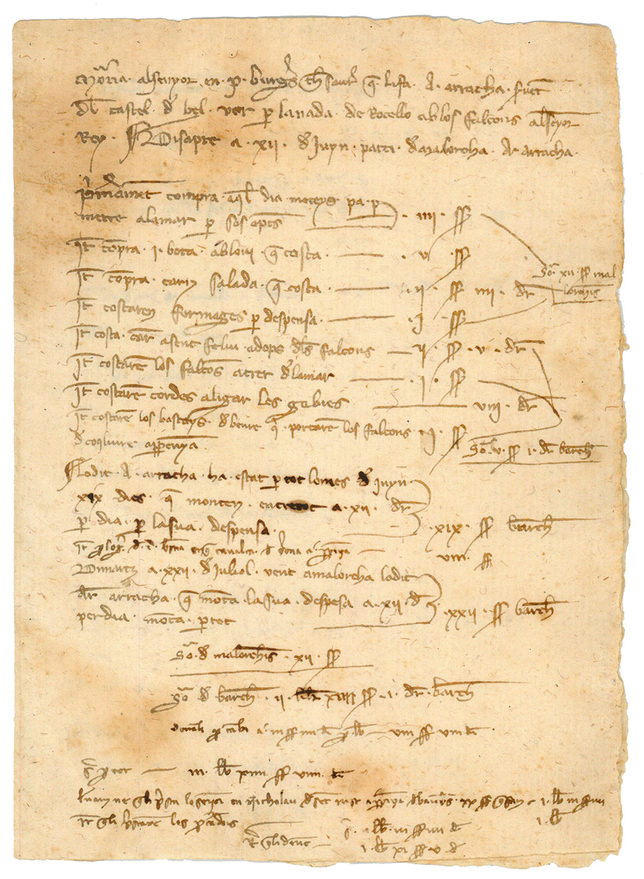 [FALCONRY - JAUME III OF MALLORCA]. - [Invoice document (albarn) for falconry expenses].[Mallorca?], Saturday, 12 June [1330s?]. 4to (ca. 165  230). Catalan manuscript on cotton paper.