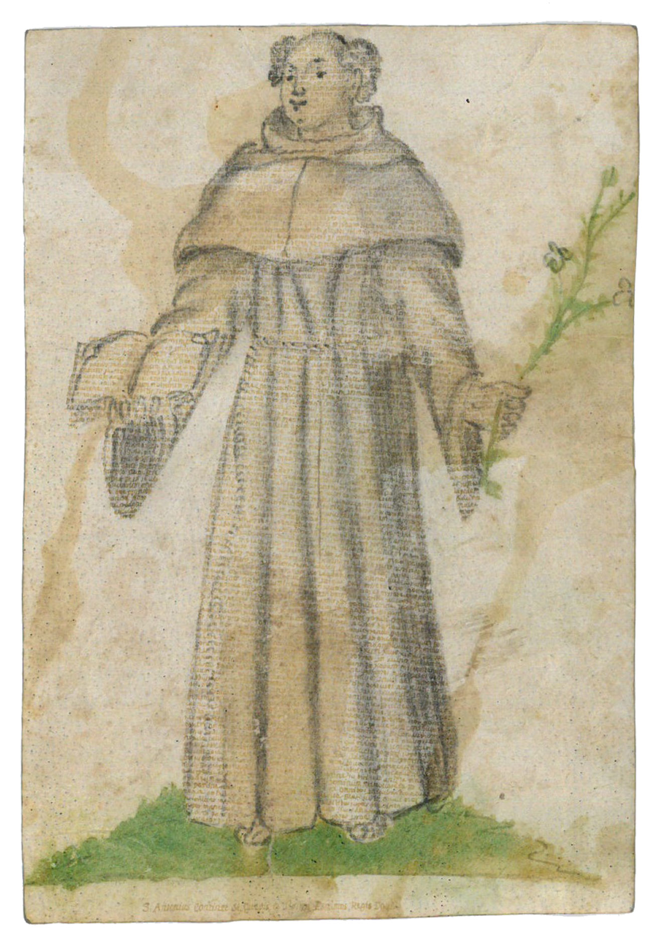 [MICROGRAPHY]. - S. Antonius cortinet si quaeris.[Italy, 17th century]. 11.3 x 7.7 cm. Brown ink, charcoal, and watercolour on vellum.