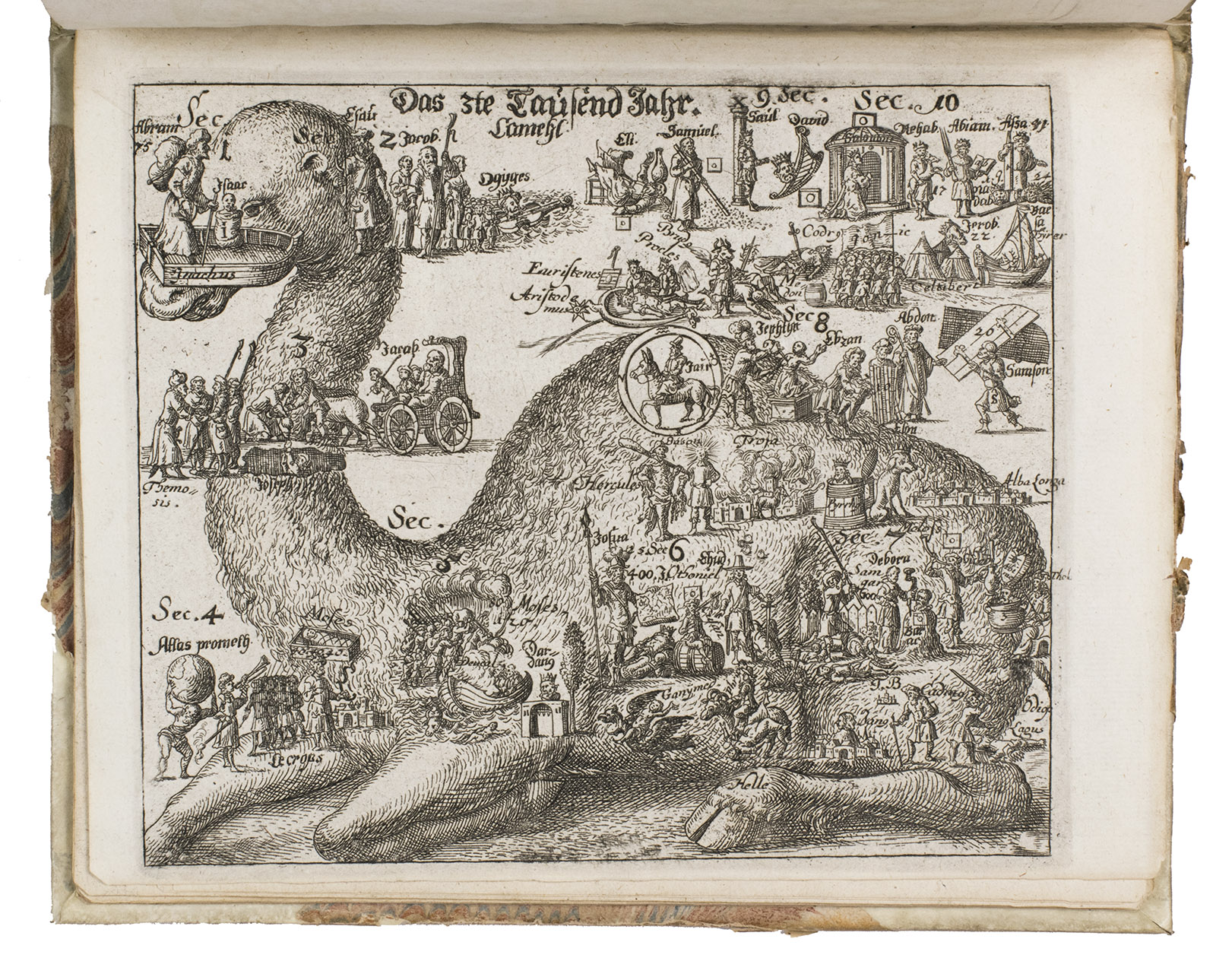 [BUNO, Johannes]. - [Historische Bilder, darinnen Idea Historia Universalis, eine kurtze summarisch Abbildungen der frnehmsten Geist- und Weltlichen Geschichte durch die vier Monarchien...][Lneburg, printed by B. Elers for the author, 1672]. 4to. With 21 copper-engraved plates of multiple different sizes. Each plate depicts the history of a century or millenium. Contemporary half vellum, with marbled paper sides.