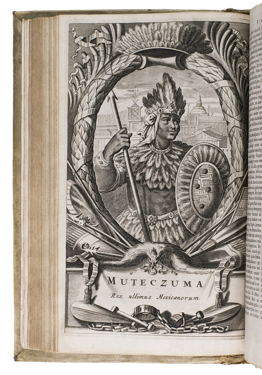 MONTANUS, Arnoldus. - De nieuwe en onbekende weereld: of beschryving van America en ’t Zuid-Land, vervaetende d’oorsprong der Americaenen en Zuidlanders, gedenkwaerdige togten derwaerds,...Amsterdam, Jacob Meurs, 1671. Folio. With a richly engraved allegorical frontispiece, 16 double-page engraved maps, including a large folding general map, 6 full-page engraved portraits, 32 double-page engraved views, including 2 large folding views of New Mexico and Mauritius, and 70 almost half-page engraved maps, views, and illustrations in the text. The title page is printed in red and black and contains Meurs' large engraved