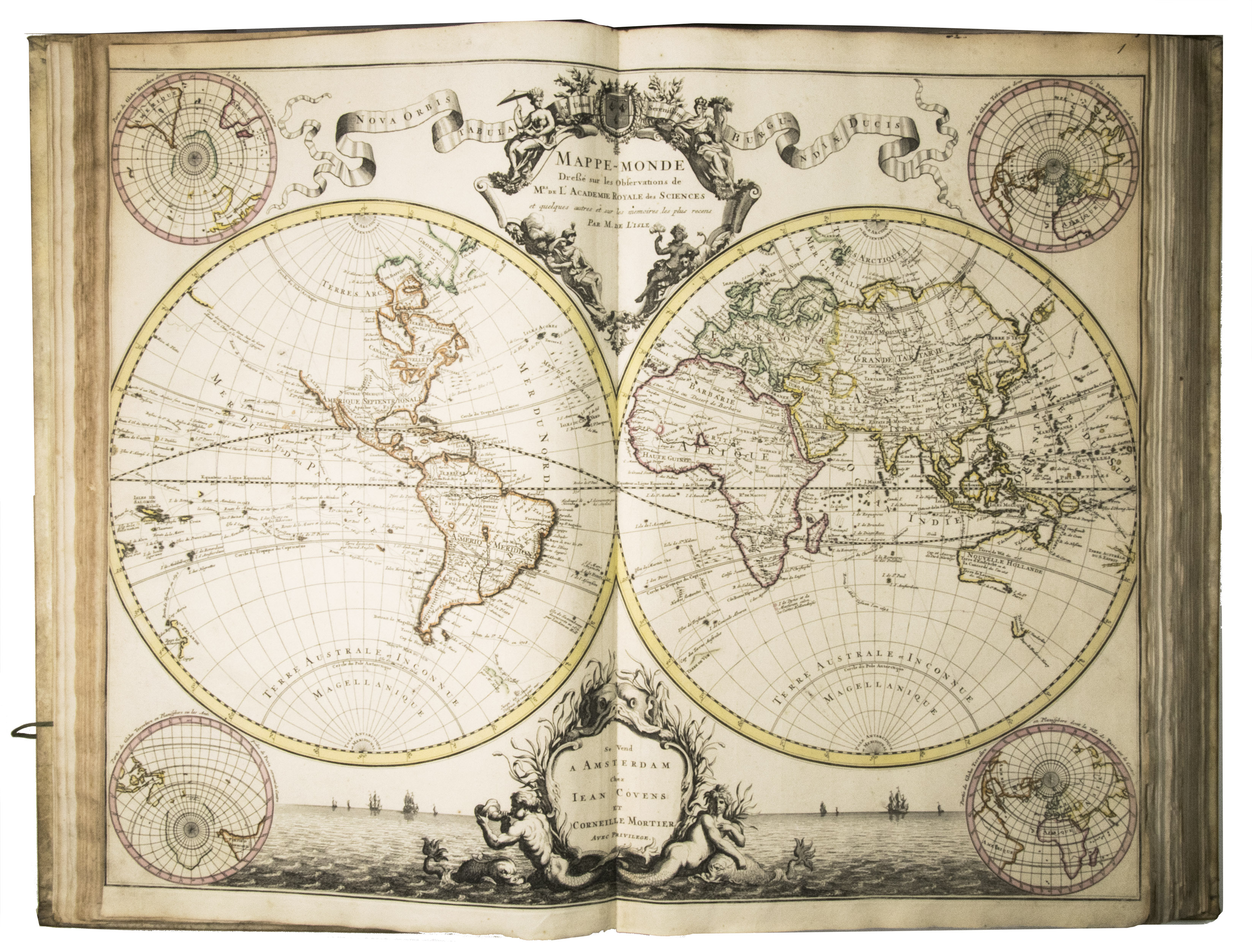 L'ISLE, Guillaume de. - Atlas nouveau, contenant toutes les parties du monde, ou sont exactement remarquées les empires, monarchies, royaumes, etats, republiques &c.Including: SANSON, Guillaume. Introduction à la Geographie où sont la geographie astronomique qui explique la correspondance du globe terrestre avec la sphere.Amsterdam, Johannes Covens and Cornelis Mortier, 1730. Folio. With a large allegorical frontispiece and 56 large copper-engraved maps (most 54 x 65 cm and a few larger, folding ones). Previous owners have added one large copper-engraved map of Normandie by Jean Baptiste Nolin from 1742, and 2 smaller etchings by Israel Silvestre with views of du Havre and Chateau Jametz. The original artwork of these views is from the 1670s, but these prints are from a later date. Contemporary blind-tooled vellum, green closing ties.