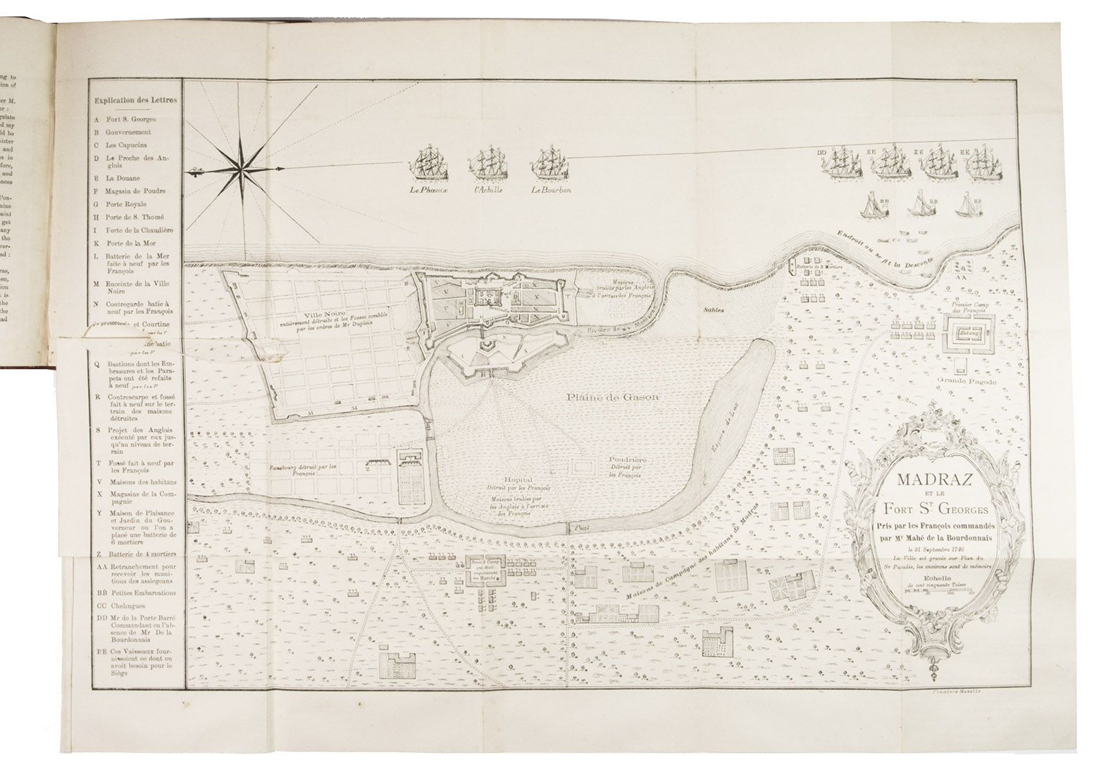 GRANT, Charles, vicomte de VAUX and John Pope HENNESSY. - Letters from Mauritius in the eighteenth century by Grant, Baron de Vaux including an account of Labourdonnais' capture of Madras.Mauritius, printed for private circulation, 1886. 8vo. With a large, folding engraved map (43x59 cm). Contemporary half gold- and blind-tooled red calf, decorated (pseudo-marbled) paper sides. With the author and title lettered in gold on the spine.