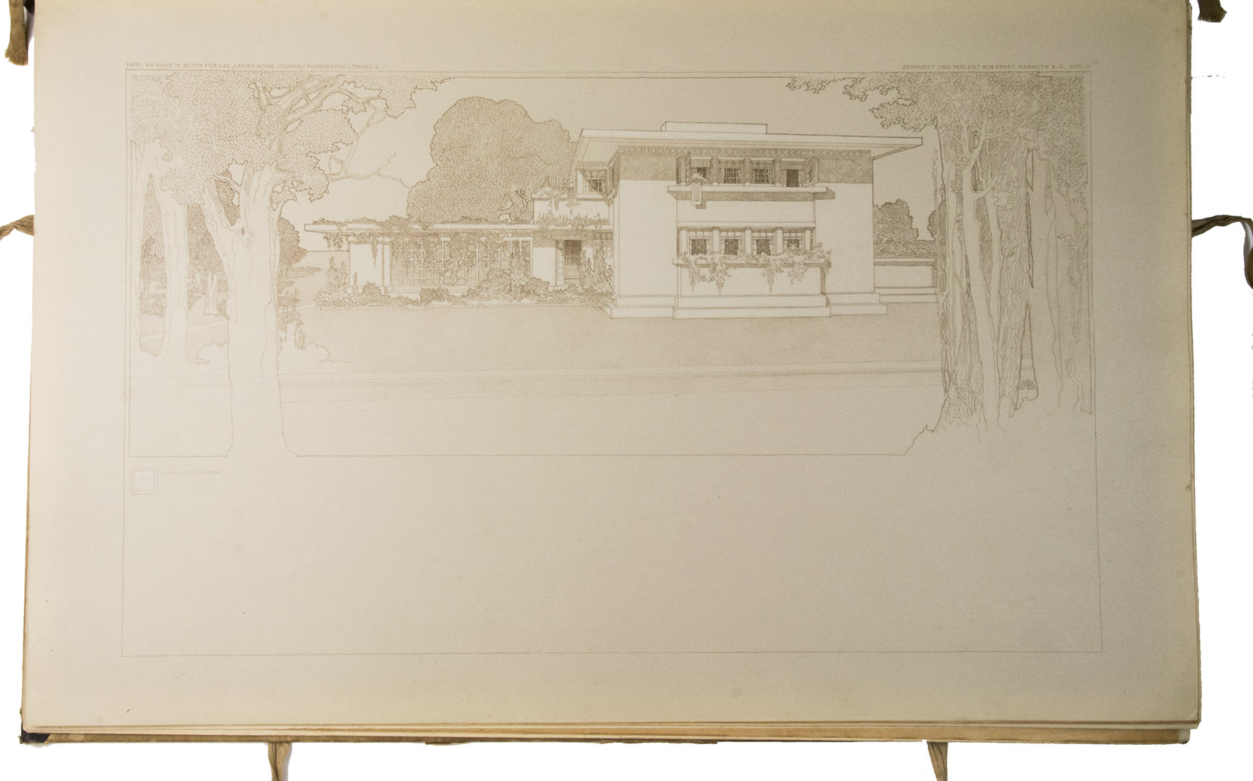 WRIGHT, Frank Lloyd. - Ausgefhrte Bauten und Entwrfe von Frank Lloyd Wright.Berlin, Ernst Wasmuth, [1910]. 1 text part and 2 portfolios with lithographed plates. 1mo (plates, ca. 64 x 40 cm) and folio (text, ca. 41 x 32 cm). Text volume with the title printed in gold. With a total of 100 lithographed plates in 2 portfolios: 72 plates numbered I-LXVI, prnited on grey or white paper and mostly printed in brown, some in grey, grey & white or brown & white, one in gold (plate I), one in colour (plate LXIV) and one plate folding (plate LX), and 28 overlays, printed in brown on tissue paper. Each plate embossed with Wright's blind stamp. Kept loose, as issued, in the original two portfolios (64 x 41.5 cm), both dark blue half cloth with the original publisher's printed grey wrappers over boards with all white ties present. The text leaves are kept in the first portfolio.