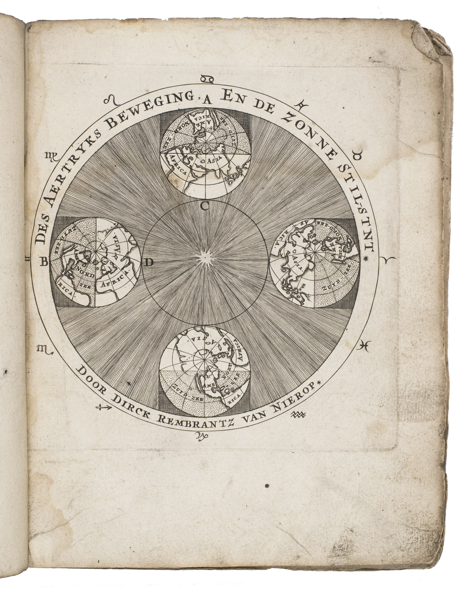 NIEROP, Dirck Rembrantz. van. - Des aertryks beweging en de zonne stilstant, bewijsende dat dit geensins met de Christelijke religie is strijdende.Amsterdam, Gerrit van Goedesbergh [colophon: printed by Tymon Houthaak], 1661. 4to. With an engraved frontispiece, showing how the earth revolves around the sun, 29 mathematical and astronomical woodcut illustrations in the text, 3 decorated woodcut initials, 2 woodcut tailpieces, and a woodcut printer's device of a turtle on the title-page. Contemporary marbled paper wrapppers, stitched on 3 vellum tapes.