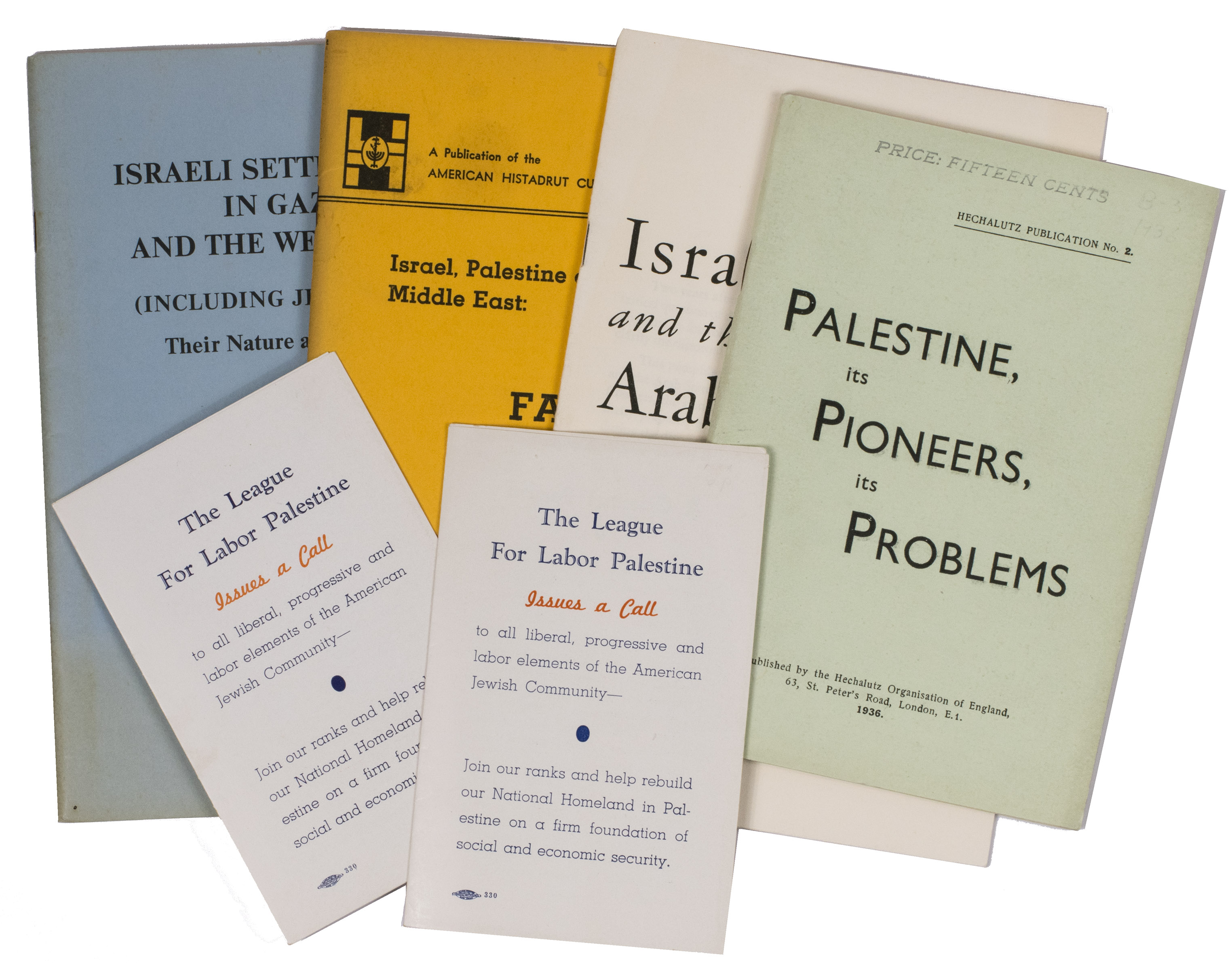 [ISRAELI-PALESTINIAN CONFLICT - ZIONISM]. - [Collection of publications concerning Zionism].London and New York, [various publishers], 1936-1983.Comprising (in chronological order):(1) HECHALUTZ ORGANISATION OF ENGLAND. Palestine, its pioneers, its problems. London, 1936.(2) THE LEAGUE FOR LABOR PALESTINE. [Call to the American Jewish community] (2x). New York, [1930s].(3) AMERICAN ZIONIST COUNCIL. Israel and the Arab refugees. New York, [1951].(4) CECIL, John. Israel, Palestine and the Middle East: fact not fancy. New York, 1960s.(5) UNITED NATIONS. Israeli settlements in Gaza and the West Bank (including Jerusalem). Their nature and purpose. New York, 1982.6 volumes (5 publications). The United Nations publication contains 2 maps of Israeli settlements in Gaza and the West Bank. All in their original printed paper wrappers.
