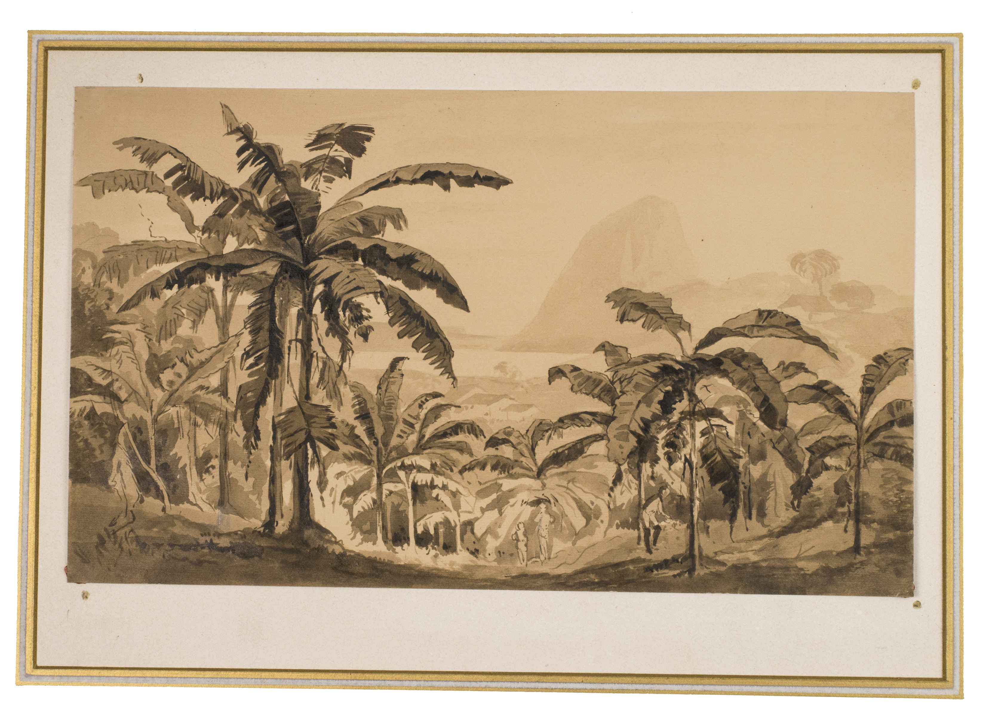 [DRAWING - RIO DE JANEIRO]. [MARY, Benjamin (attributed)]. - [Ink drawing of Guanabara Bay].[Rio de Janeiro?, 1837?]. With: (2) [LEBSCHE, Carl August (attributed)]. [Drawing of Guanabara Bay].[Germany?, 1837?].Ad 1: 19 x 32 cm. Passe-partout: 36,5 x 47 cm. Sepia ink on paper. Ad 2: 24,5 x 34 cm. Passe-partout: 37 x 44 cm. Sepia ink on paper, with blue and sepia ink washes.