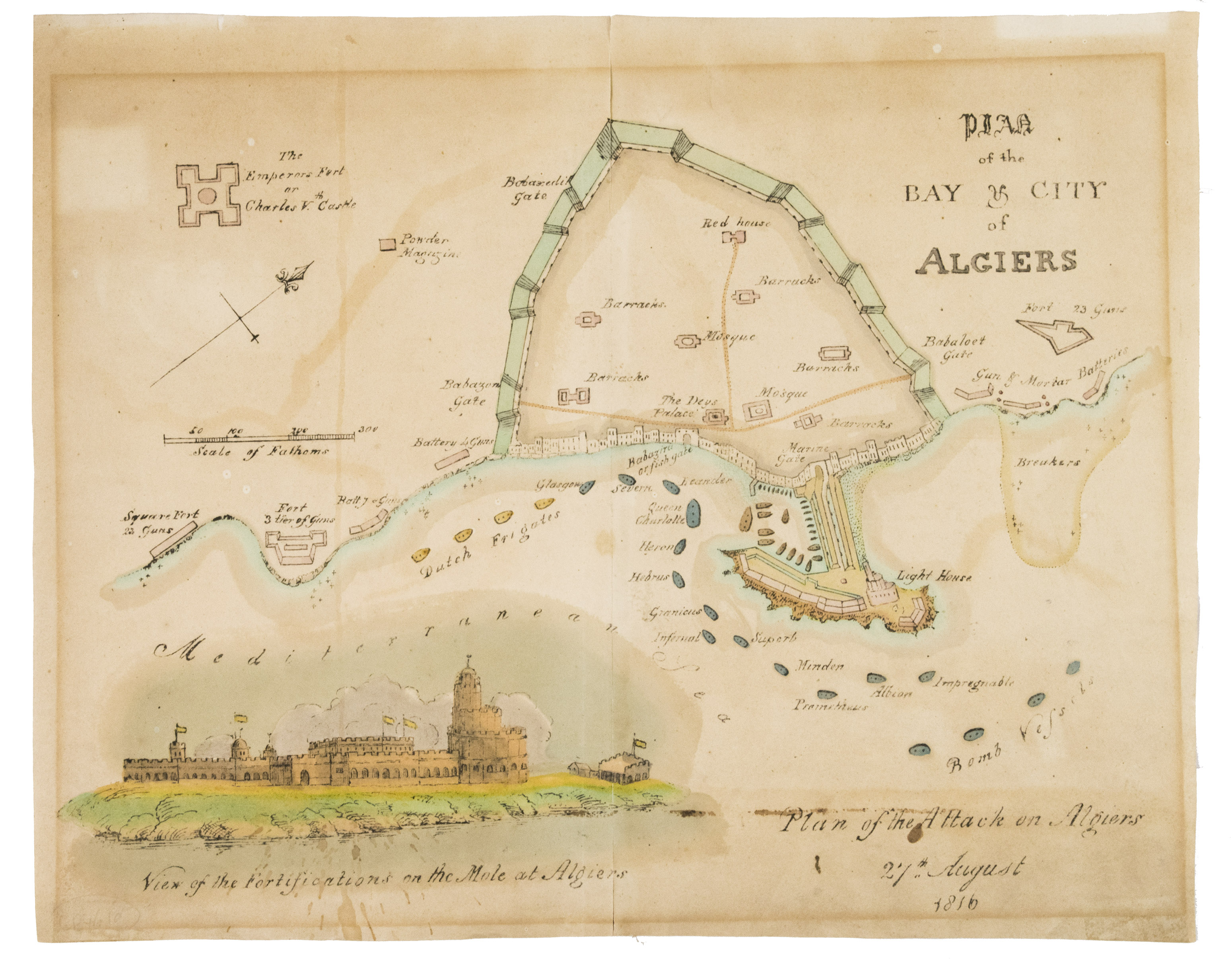 [BRITISH NAVY - BATTLE PLAN - ALGIERS]. - Plan of the Bay and City of Algiers.[London?, 1816]. 35 x 44. With an illustration of the plan of attack and a view of the fortifications on the Mole at Algiers.