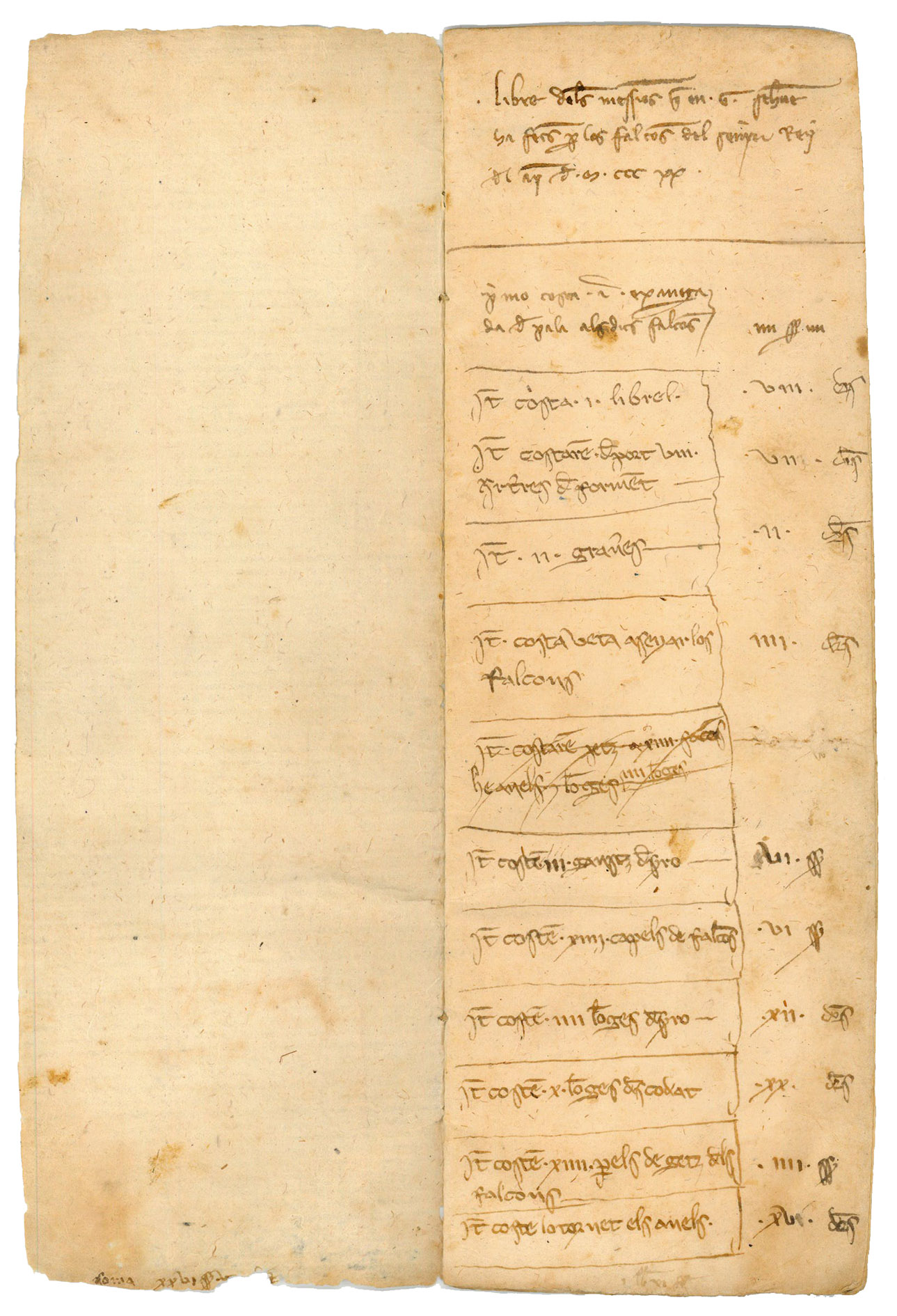 [FALCONRY - SANCHO I OF MALLORCA]. - [Invoice document (albarn) for falconry expenses].1320. Folio (folded lengthwise, 11.2 x 32 cm). Catalan manuscript on cotton paper. Stored in custom-made purple half morocco case.