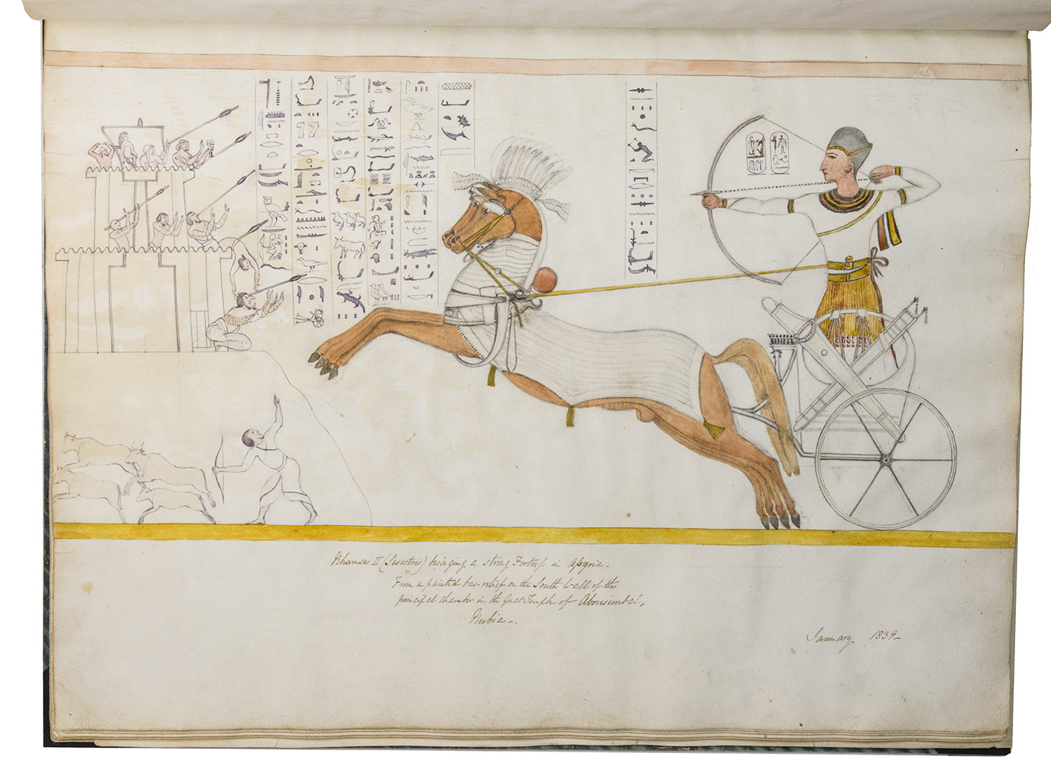 ROBERTSON, William (draughtsman). - Egypt & Nubia.Cairo [and elsewhere in Egypt and Nubia], 1838-1839. Folio (48 x 36.5 cm). Album containing 42 pencil and other drawings (a few partly coloured) and 3 squeezes, some on the album leaves and some loosely inserted, mostly of ancient Egyptian and Nubian architecture, sculpture, bas-reliefs and hieroglyphic inscriptions, but also with a few botanical drawings and landscapes with buildings. Most have English-language captions in brown ink and are signed and dated 1838 to 1839. New black half morocco, using mid-19th-century marbled paper for the sides.