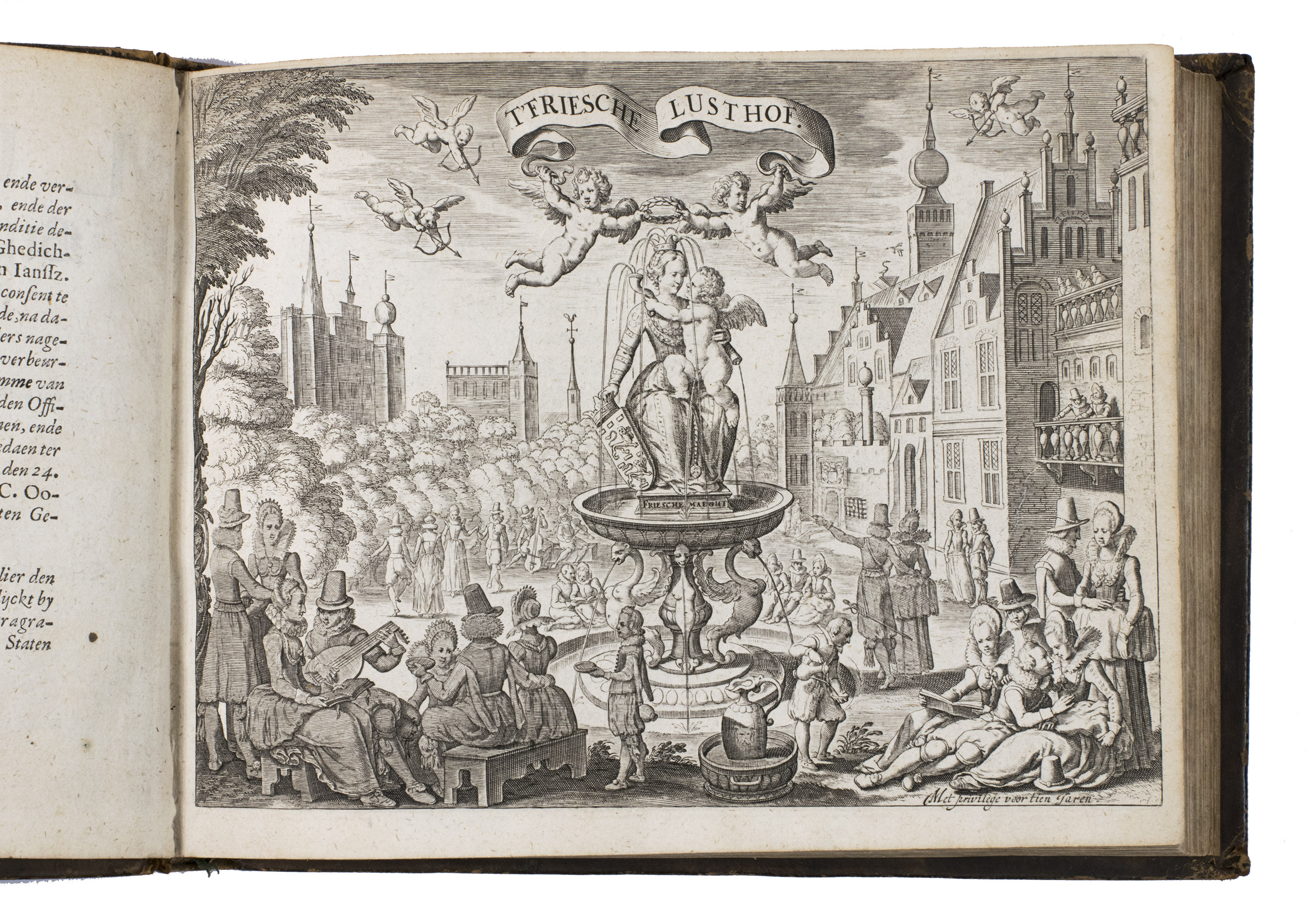 STARTER, Jan Jansz. - Friesche Lust-hof, beplant met verscheyden stichtelijcke minne-liedekens, gedichten, ende boertighe kluchten. Den derden druck op nieuws vermeerdert ende verbetert  Midtsgaders oock noch verrijckt ende verierd met schoone kopere figuren; ende by alle onbekende wysen de noten, ofte musycke gevoeght.Amsterdam, Widow of Dirck Pietersz. Voscuyl, [1624]. Oblong 4to. With an engraved frontispiece, an engraved portrait of the author, 10 engraved plates in the text, musical annotation, and decorated woodcut initials. 18th-century mottled brown calf.