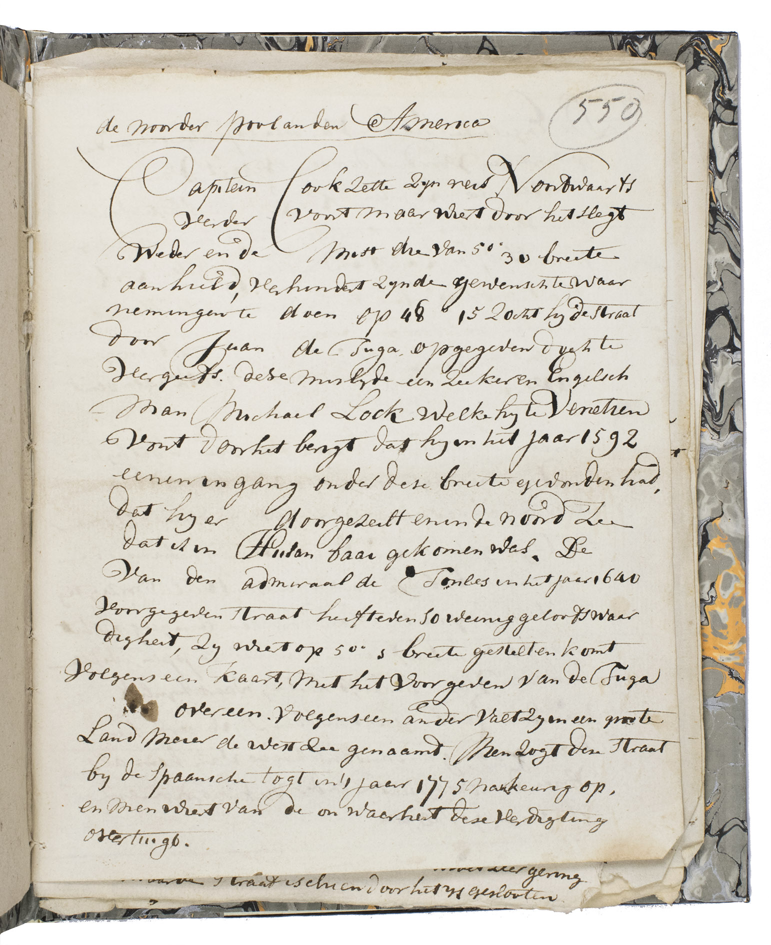 [MANUSCRIPT - DUTCH - ARCTIC REGION]. - [Anonymous eyewitness travel report of a journey to the Arctic region in search of good waters for whaling].[ca. 1790]. 4to. Manuscript written in Dutch in black ink in one clear, although not very sophisticated, hand on paper (sheets varying in origin and size ca. 20-21 x 14-16 cm). Modern artificial brown leather, marbled pastedowns, with the late-18th-century decorated paper wrappers bound in.